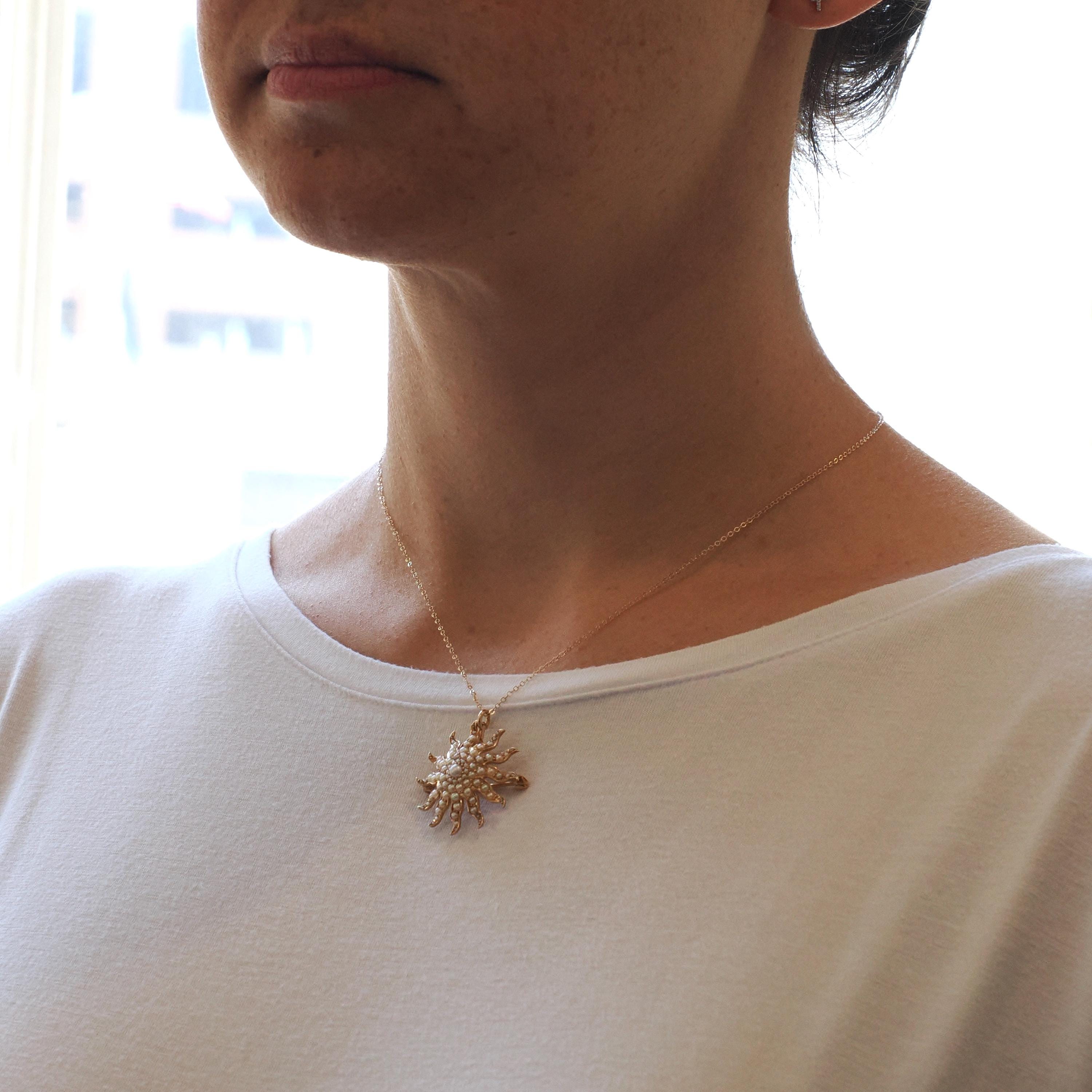 Antique Starburst Necklace - Edwardian 14k Yellow Gold Seed Pearls Brooch Pendant - Circa 1910s Sun Star Celestial Fine Statement Jewelry