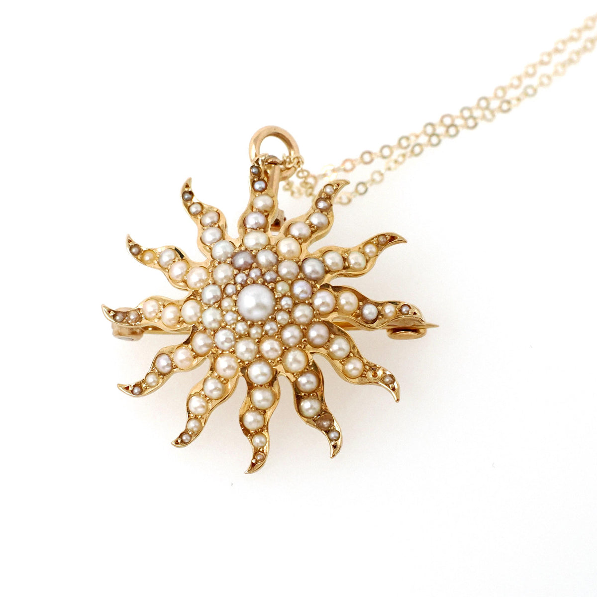 Antique Starburst Necklace - Edwardian 14k Yellow Gold Seed Pearls Brooch Pendant - Circa 1910s Sun Star Celestial Fine Statement Jewelry
