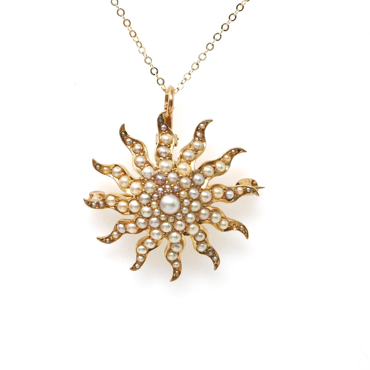 Antique Starburst Necklace - Edwardian 14k Yellow Gold Seed Pearls Brooch Pendant - Circa 1910s Sun Star Celestial Fine Statement Jewelry