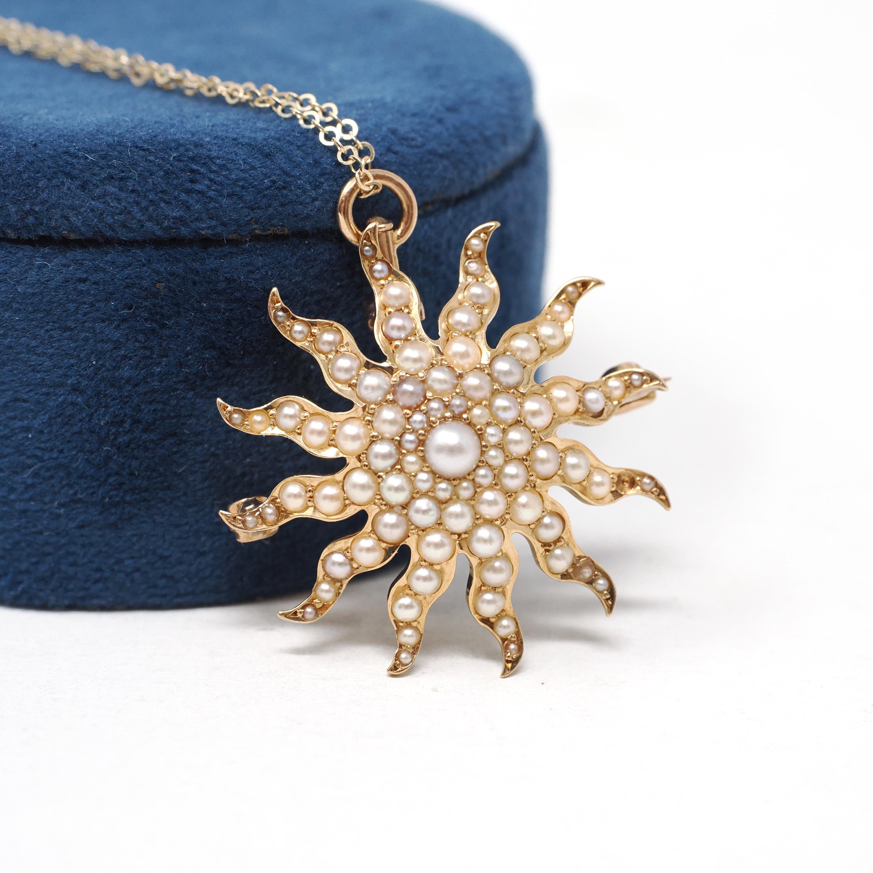 Antique Starburst Necklace - Edwardian 14k Yellow Gold Seed Pearls Brooch Pendant - Circa 1910s Sun Star Celestial Fine Statement Jewelry