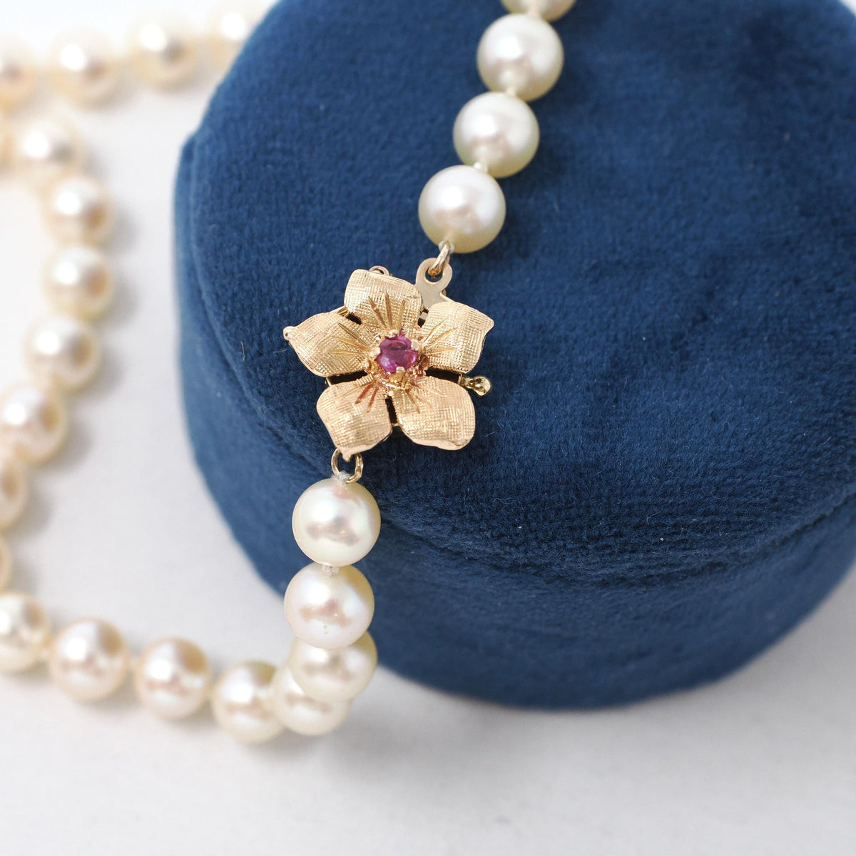 Pearl Strand Necklace - Estate 14k Yellow Gold Flower Clasp Ruby Accent 6 MM Freshwater Beads - Contemporary Era Choker Fine Jewelry