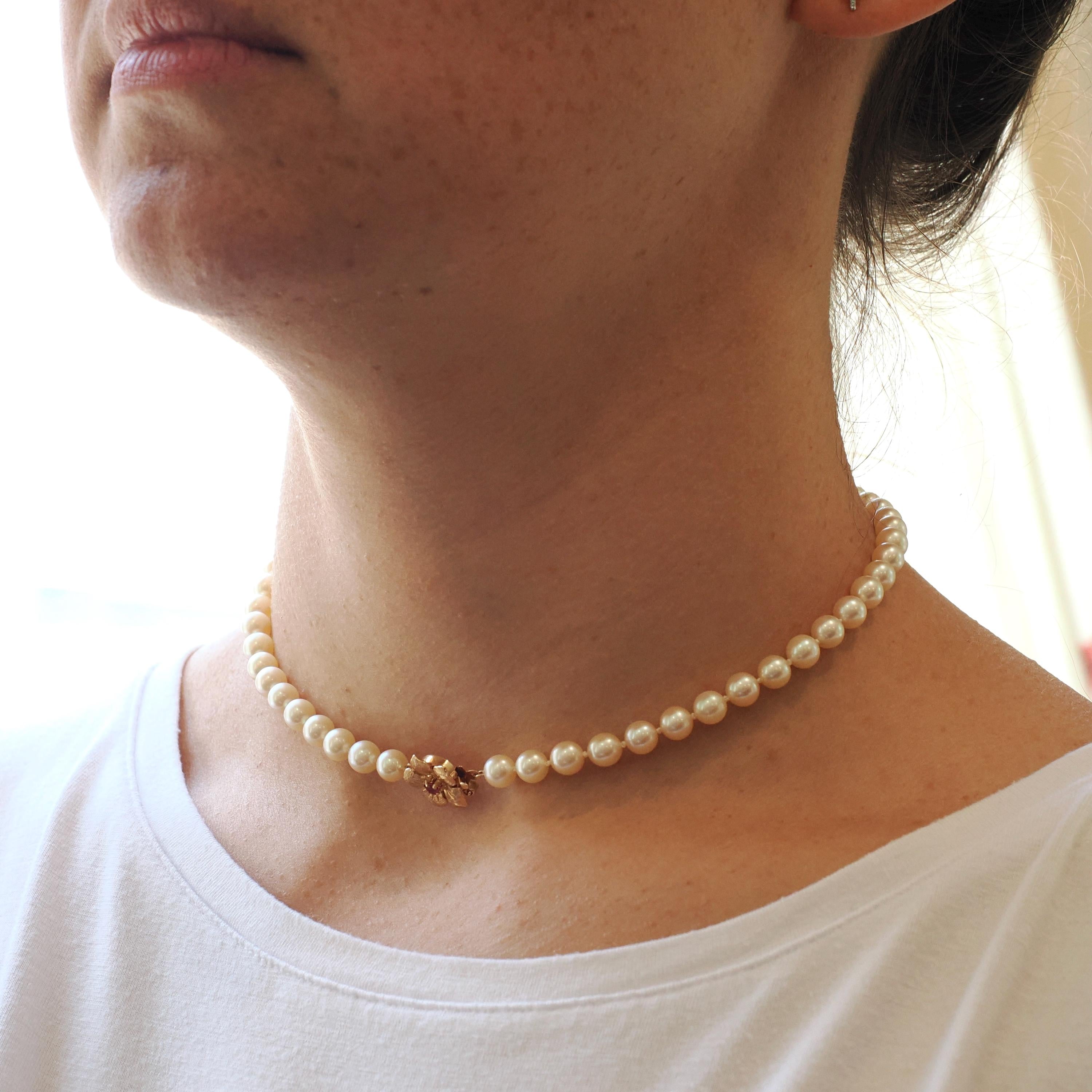 Pearl Strand Necklace - Estate 14k Yellow Gold Flower Clasp Ruby Accent 6 MM Freshwater Beads - Contemporary Era Choker Fine Jewelry