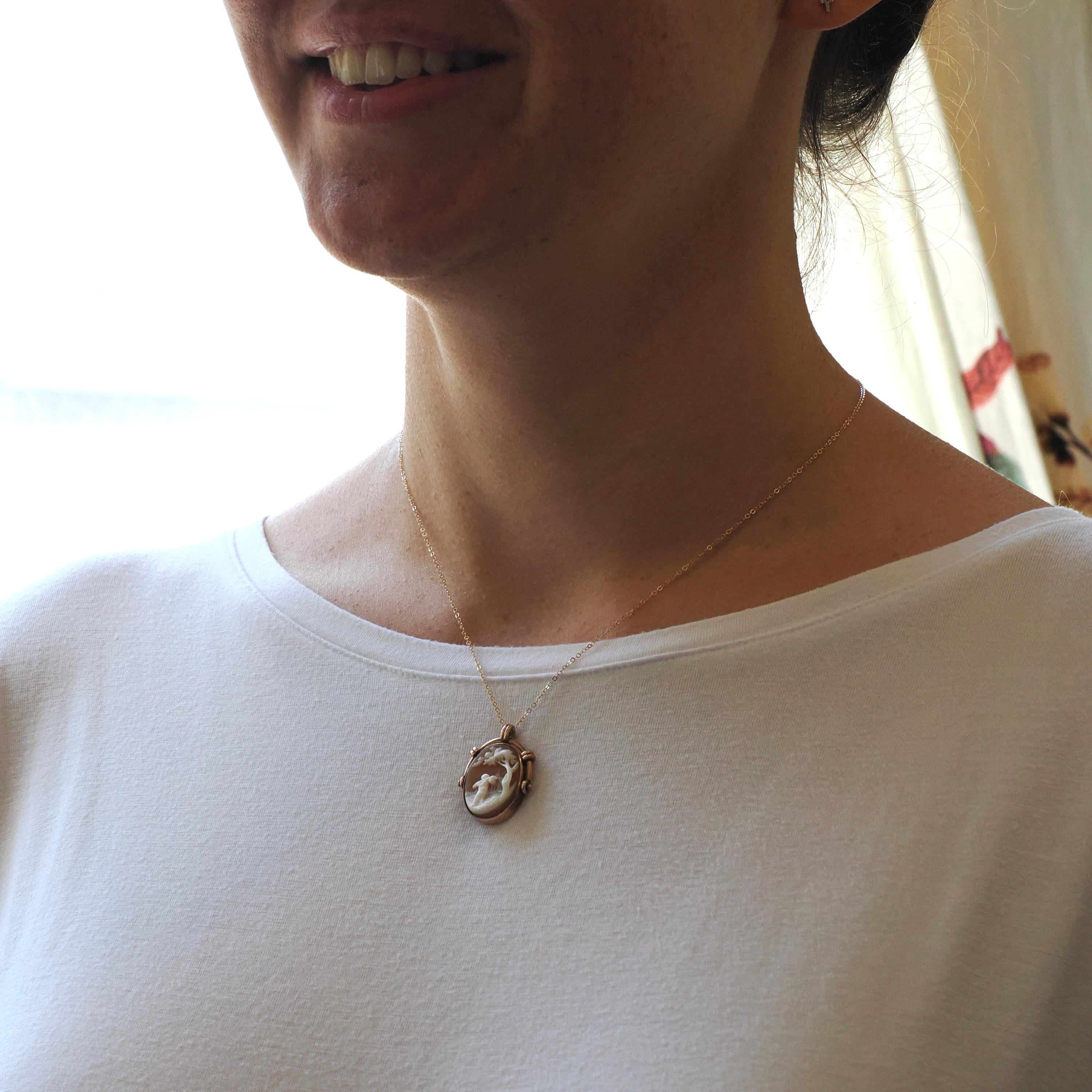 Antique Flip Pendant - Victorian 10K Rosy Yellow Gold Carved Shell Cameo Spinner Necklace - Dated July 8th 1885 Two Sided Statement Jewelry