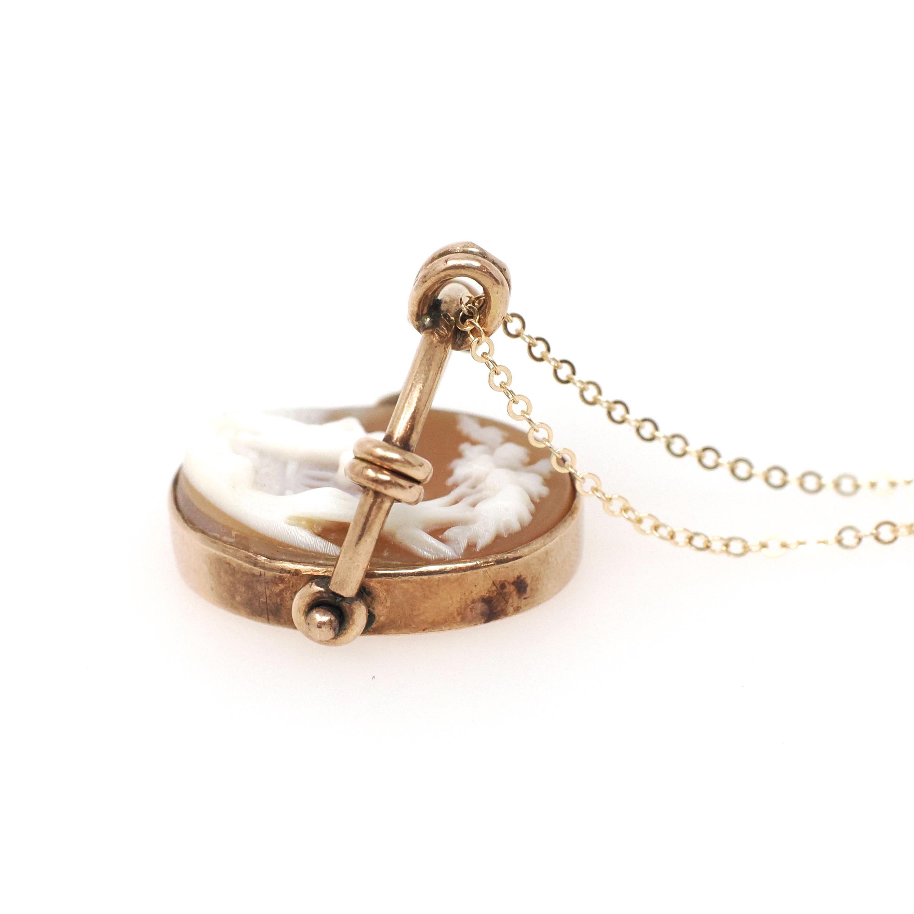 Antique Flip Pendant - Victorian 10K Rosy Yellow Gold Carved Shell Cameo Spinner Necklace - Dated July 8th 1885 Two Sided Statement Jewelry