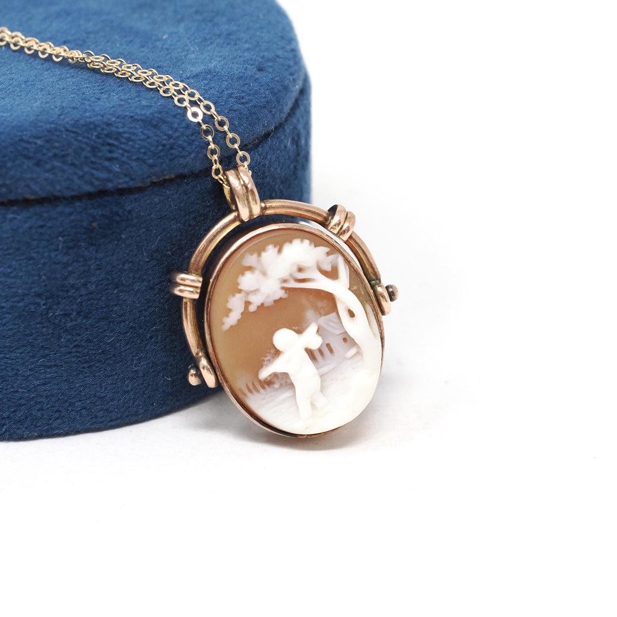 Antique Flip Pendant - Victorian 10K Rosy Yellow Gold Carved Shell Cameo Spinner Necklace - Dated July 8th 1885 Two Sided Statement Jewelry
