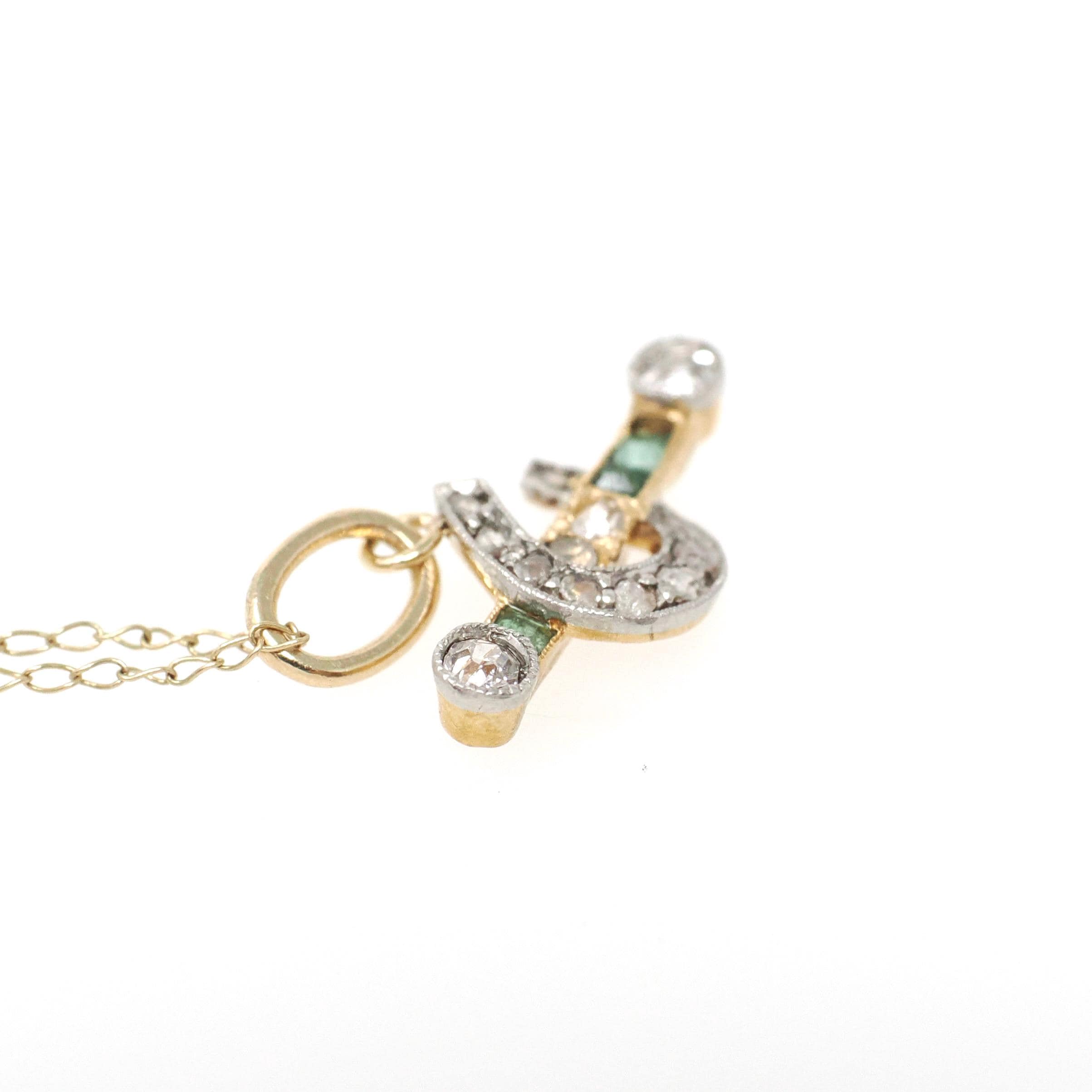 Edwardian Horseshoe Pendant - Antique 18k Yellow Gold & Platinum Emerald Diamond Charm - Circa 1910s Era Good Luck Equestrian Fine Jewelry