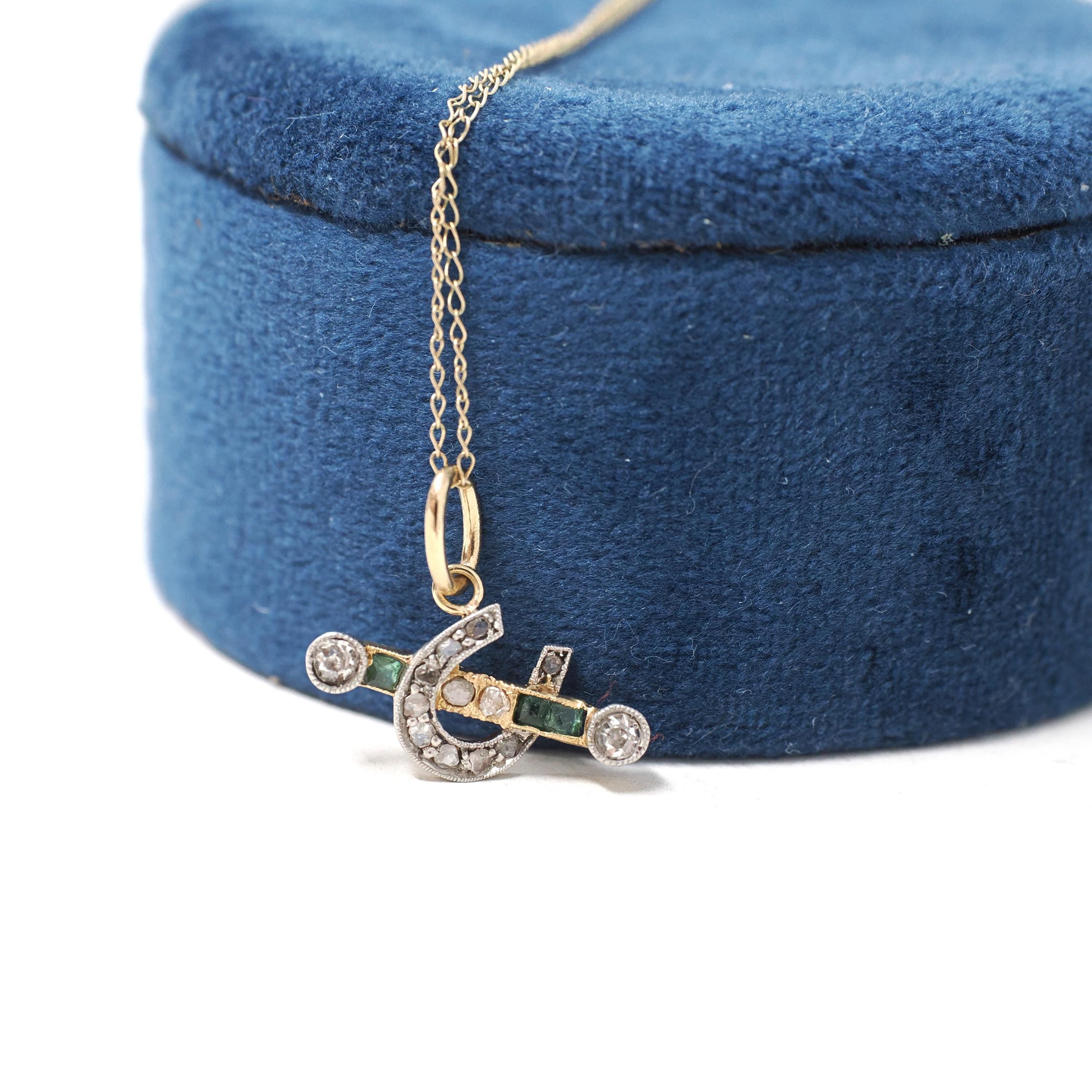 Edwardian Horseshoe Pendant - Antique 18k Yellow Gold & Platinum Emerald Diamond Charm - Circa 1910s Era Good Luck Equestrian Fine Jewelry