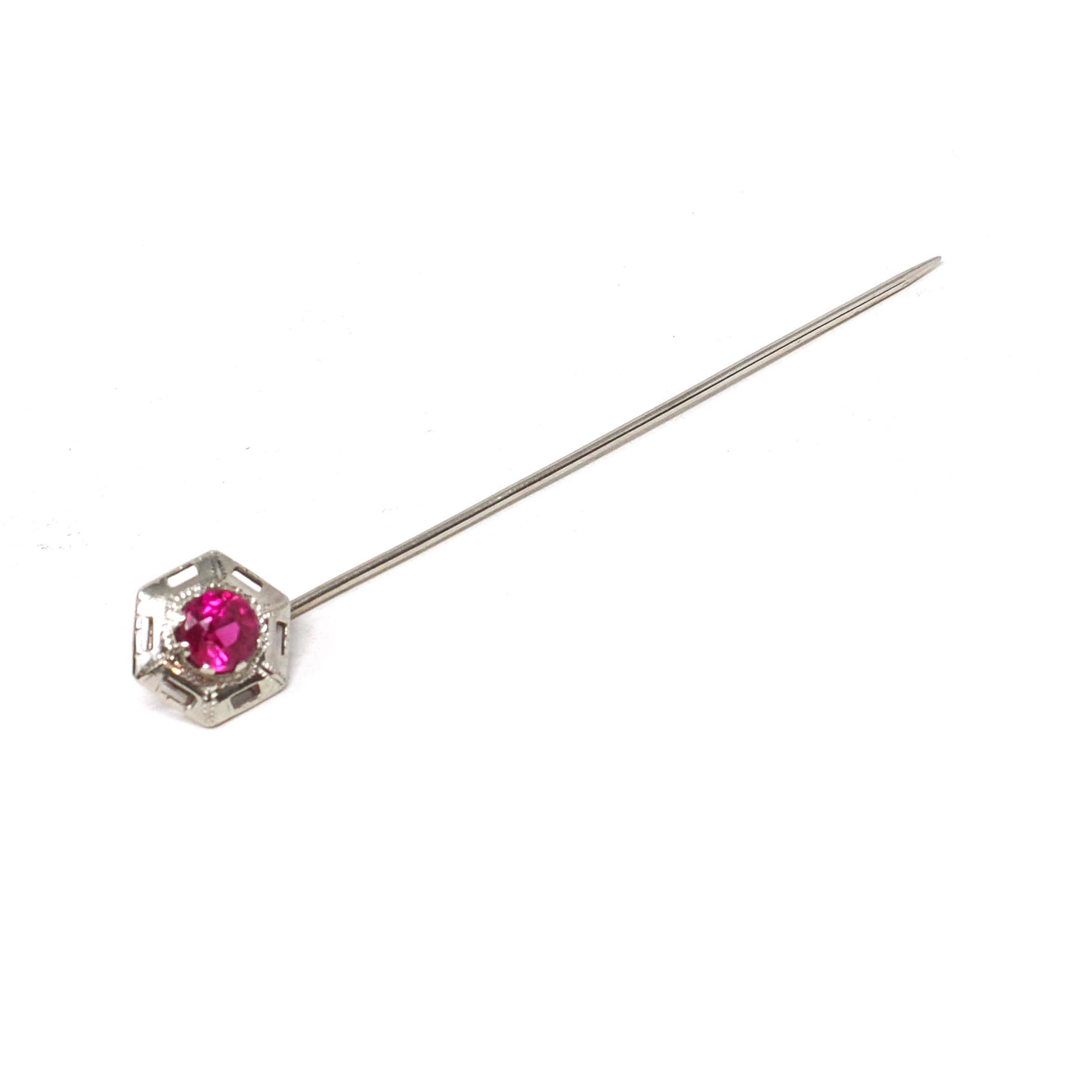 Art Deco Stick Pin - Vintage 10k White Gold Red Created Ruby Gemstone - Circa 1930s Era Hexagonal Filigree Unisex Statement Lapel Jewelry