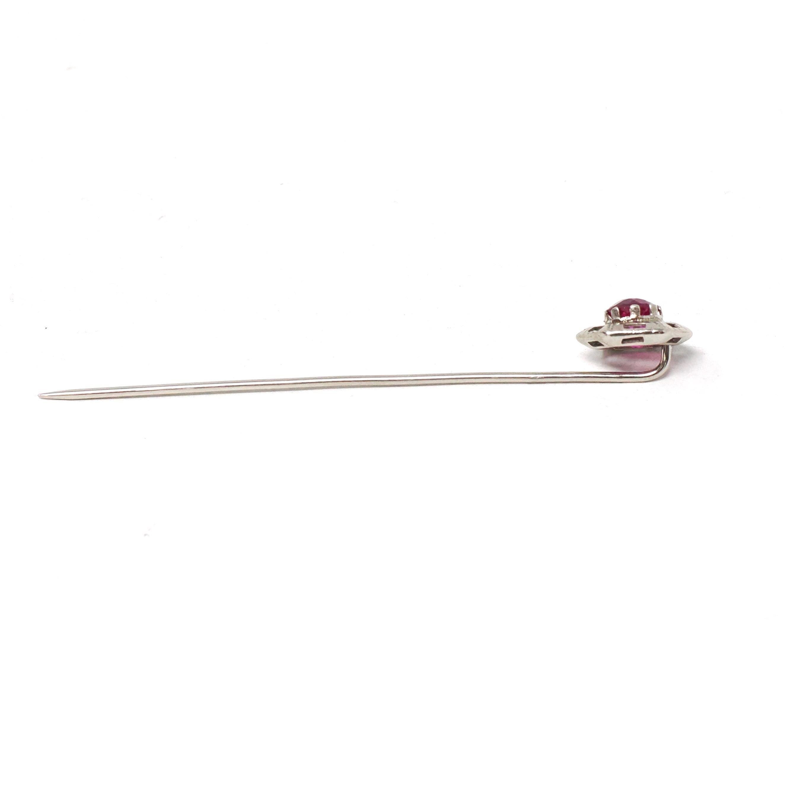 Art Deco Stick Pin - Vintage 10k White Gold Red Created Ruby Gemstone - Circa 1930s Era Hexagonal Filigree Unisex Statement Lapel Jewelry
