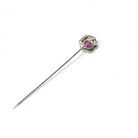 Art Deco Stick Pin - Vintage 10k White Gold Red Created Ruby Gemstone - Circa 1930s Era Hexagonal Filigree Unisex Statement Lapel Jewelry