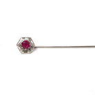 Art Deco Stick Pin - Vintage 10k White Gold Red Created Ruby Gemstone - Circa 1930s Era Hexagonal Filigree Unisex Statement Lapel Jewelry