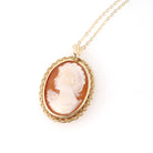 Vintage Cameo Necklace - Modernist 9k Yellow Gold Carved Shell Woman's Profile Pendant Charm - Circa Late 1960s Era Statement Fine Jewelry