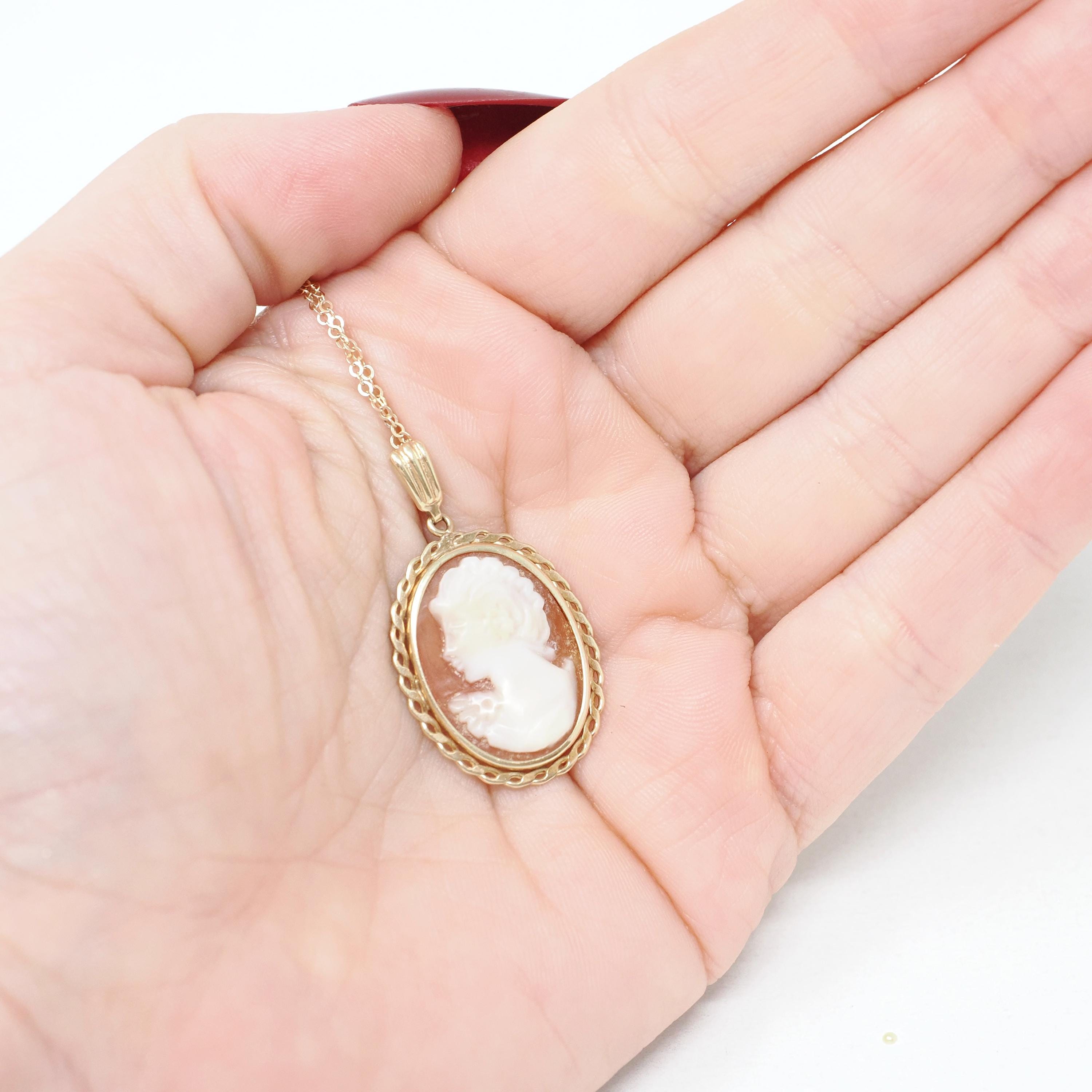 Vintage Cameo Necklace - Modernist 9k Yellow Gold Carved Shell Woman's Profile Pendant Charm - Circa Late 1960s Era Statement Fine Jewelry
