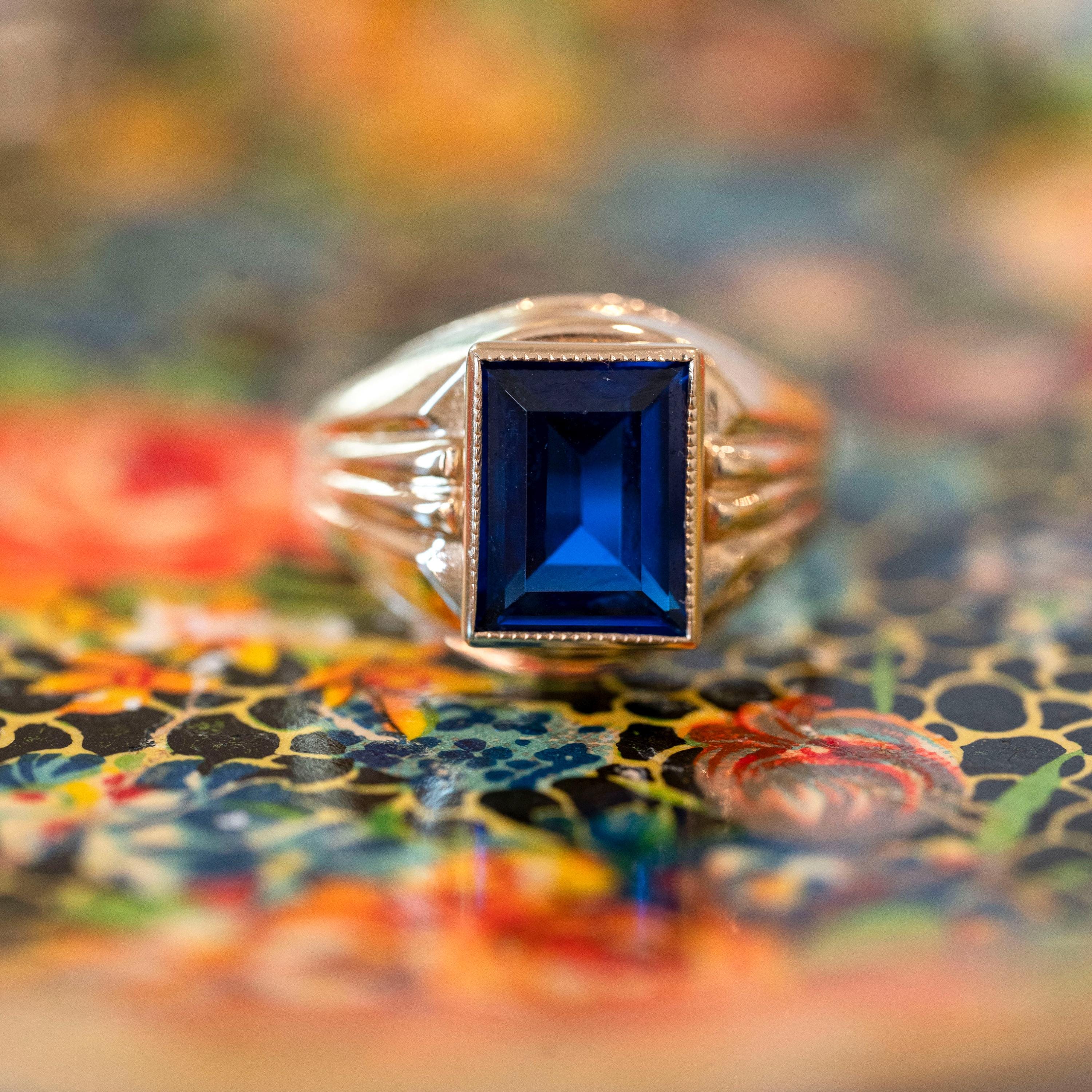 Vintage Created Spinel Ring - Mid Century 10k Yellow Gold Rectangular Step Cut 2.15 CT Blue Stone - Circa 1960s Era Size 5 Statement Jewelry