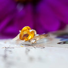 Created Yellow Sapphire Ring - Modernist 10k Yellow Gold Heart Cut Stone - Vintage Circa 1970s Size 6 1/4 Asymmetrical Style Fine Jewelry