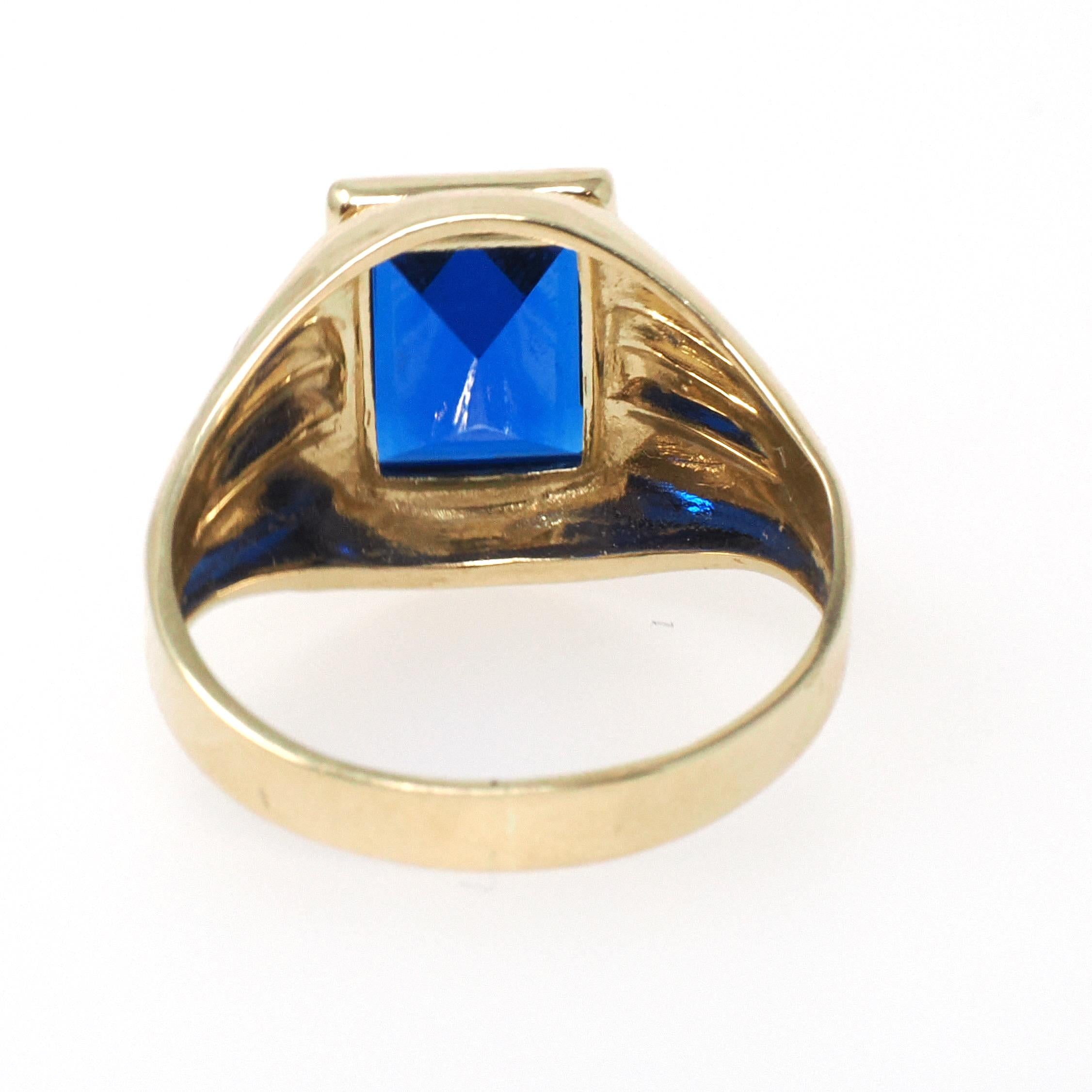 Vintage Created Spinel Ring - Mid Century 10k Yellow Gold Rectangular Step Cut 2.15 CT Blue Stone - Circa 1960s Era Size 5 Statement Jewelry