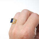 Vintage Created Spinel Ring - Mid Century 10k Yellow Gold Rectangular Step Cut 2.15 CT Blue Stone - Circa 1960s Era Size 5 Statement Jewelry