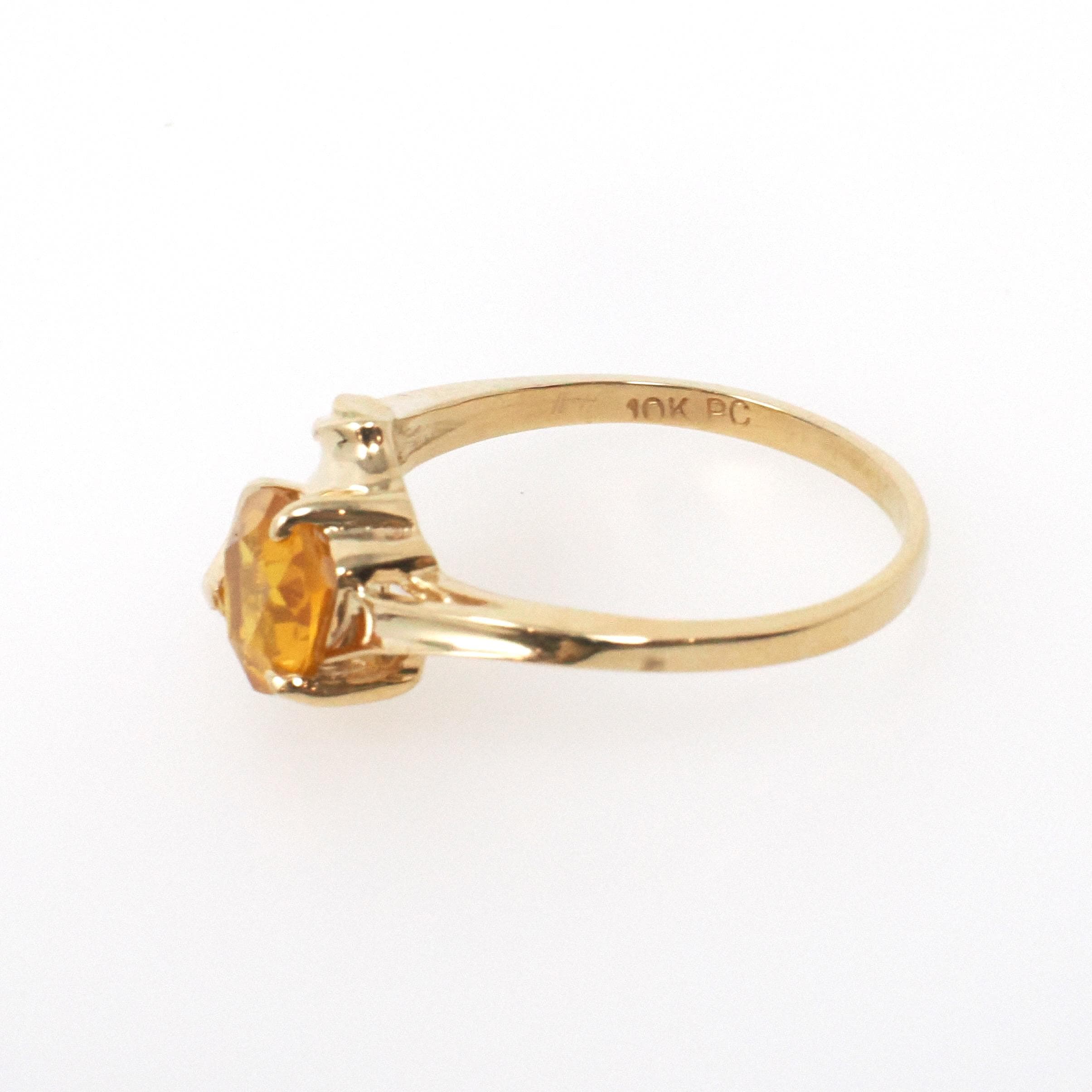 Created Yellow Sapphire Ring - Modernist 10k Yellow Gold Heart Cut Stone - Vintage Circa 1970s Size 6 1/4 Asymmetrical Style Fine Jewelry