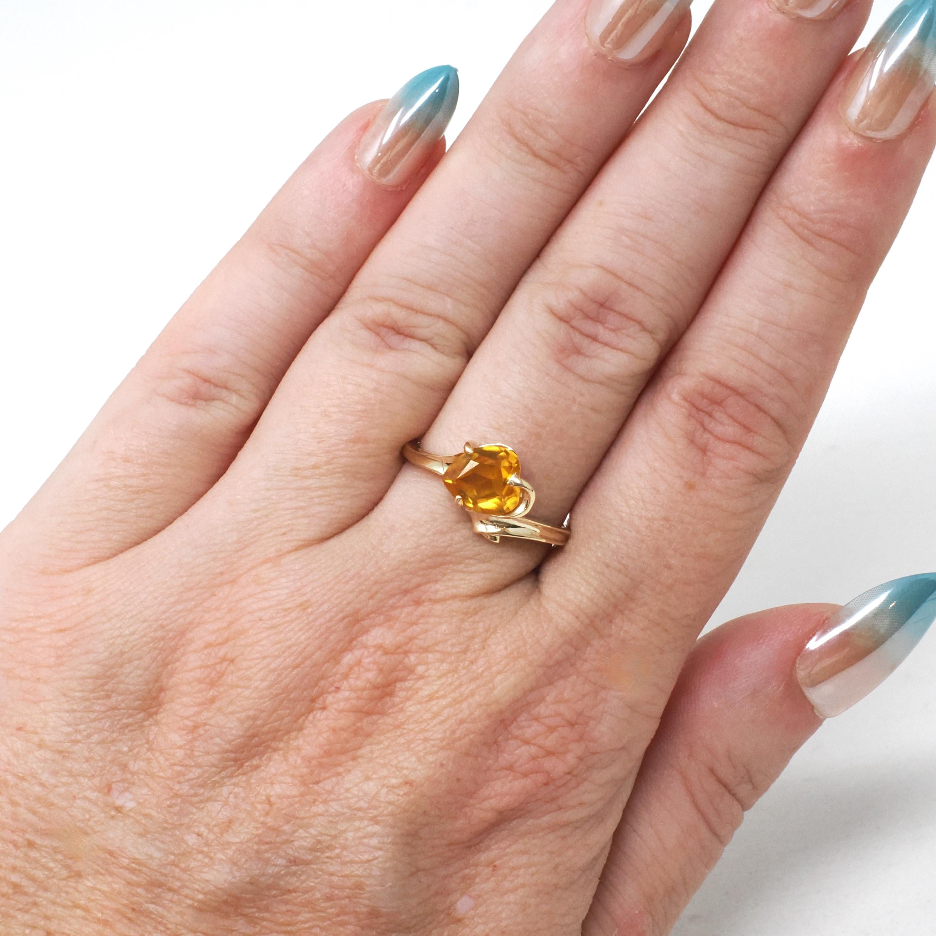 Created Yellow Sapphire Ring - Modernist 10k Yellow Gold Heart Cut Stone - Vintage Circa 1970s Size 6 1/4 Asymmetrical Style Fine Jewelry