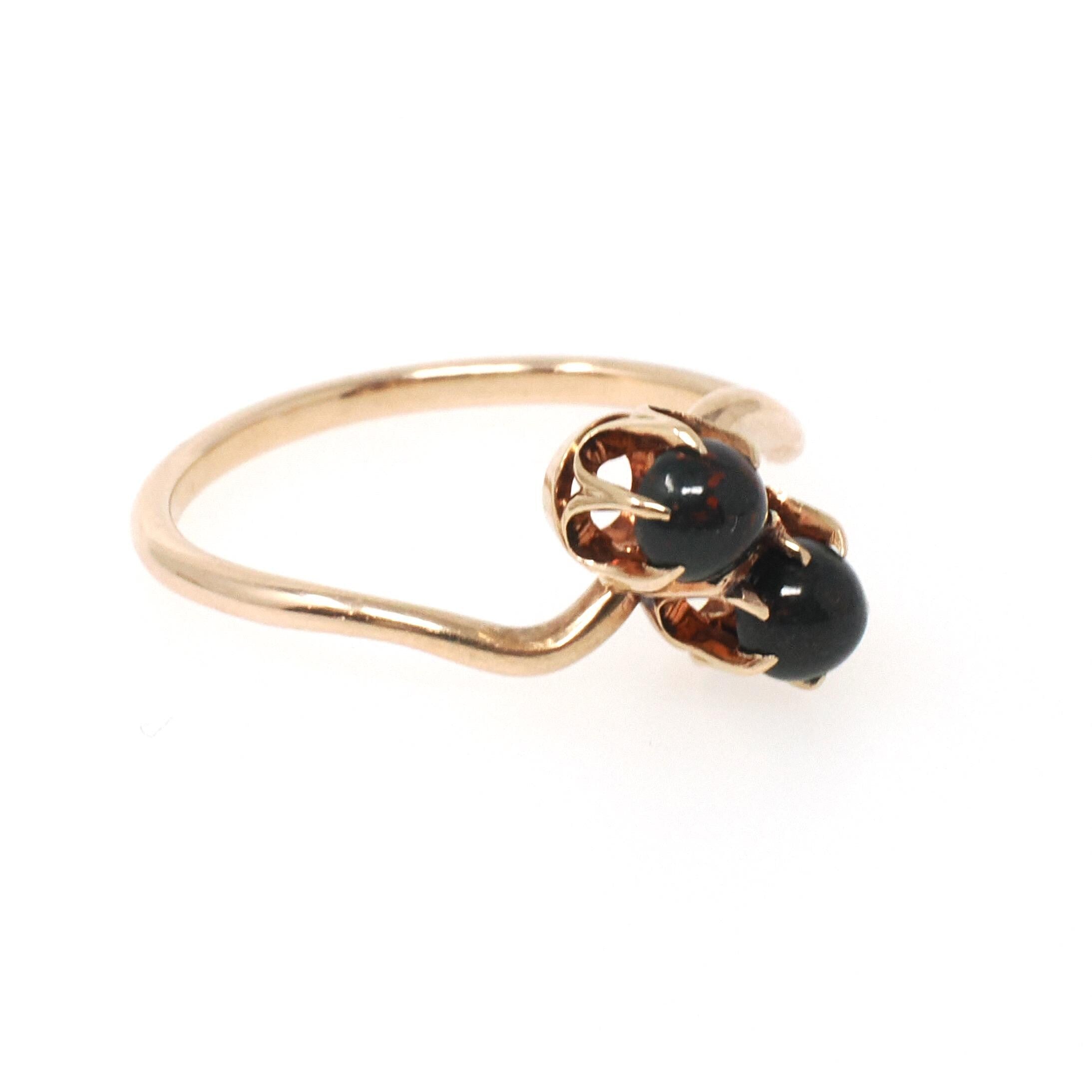 Antique Bloodstone Ring - Edwardian 10k Rosy Yellow Gold Round Dark Green Red Gems - Circa 1910s Era Size 6 Heliotrope Bypass Fine Jewelry