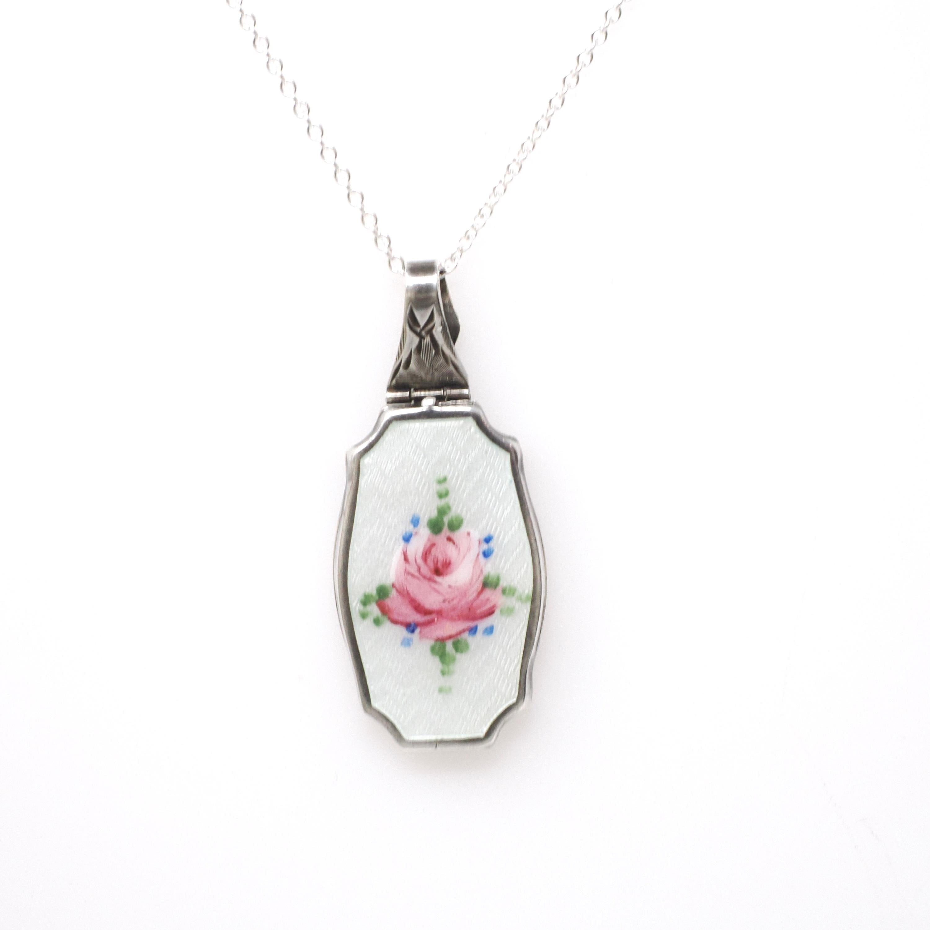 Art Deco Locket - Vintage Sterling Silver White Pink Green Flower Guilloché Enamel Pendant Necklace - Circa 1930s Era Rose Leaves Jewelry