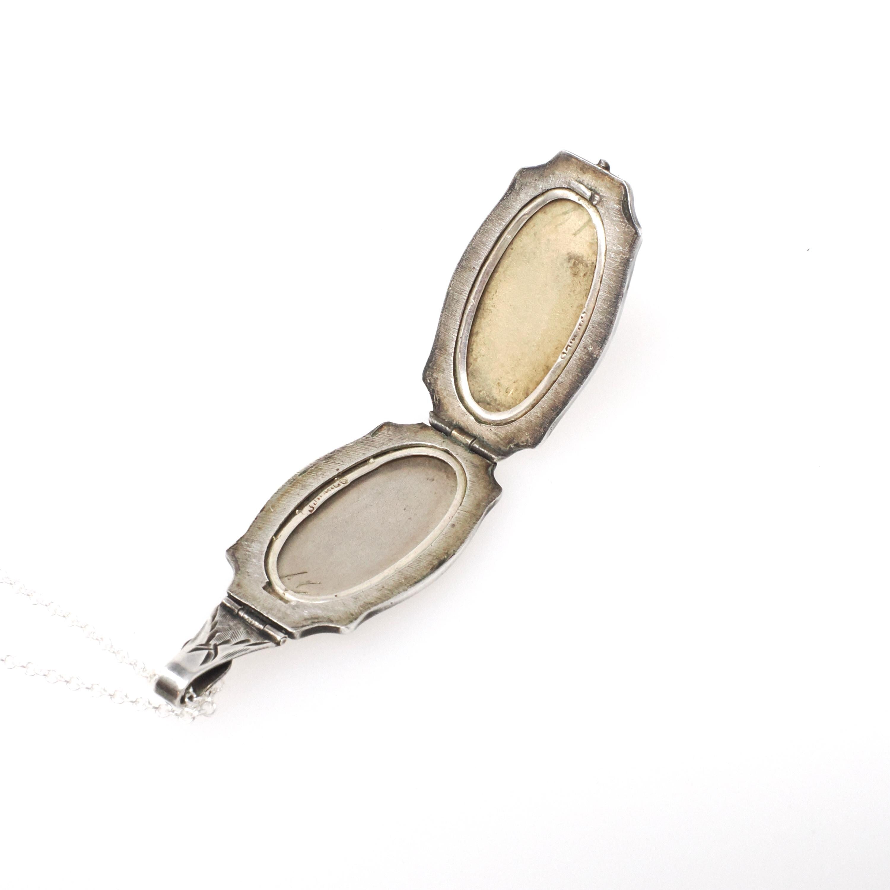 Art Deco Locket - Vintage Sterling Silver White Pink Green Flower Guilloché Enamel Pendant Necklace - Circa 1930s Era Rose Leaves Jewelry