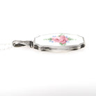 Art Deco Locket - Vintage Sterling Silver White Pink Green Flower Guilloché Enamel Pendant Necklace - Circa 1930s Era Rose Leaves Jewelry