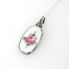Art Deco Locket - Vintage Sterling Silver White Pink Green Flower Guilloché Enamel Pendant Necklace - Circa 1930s Era Rose Leaves Jewelry