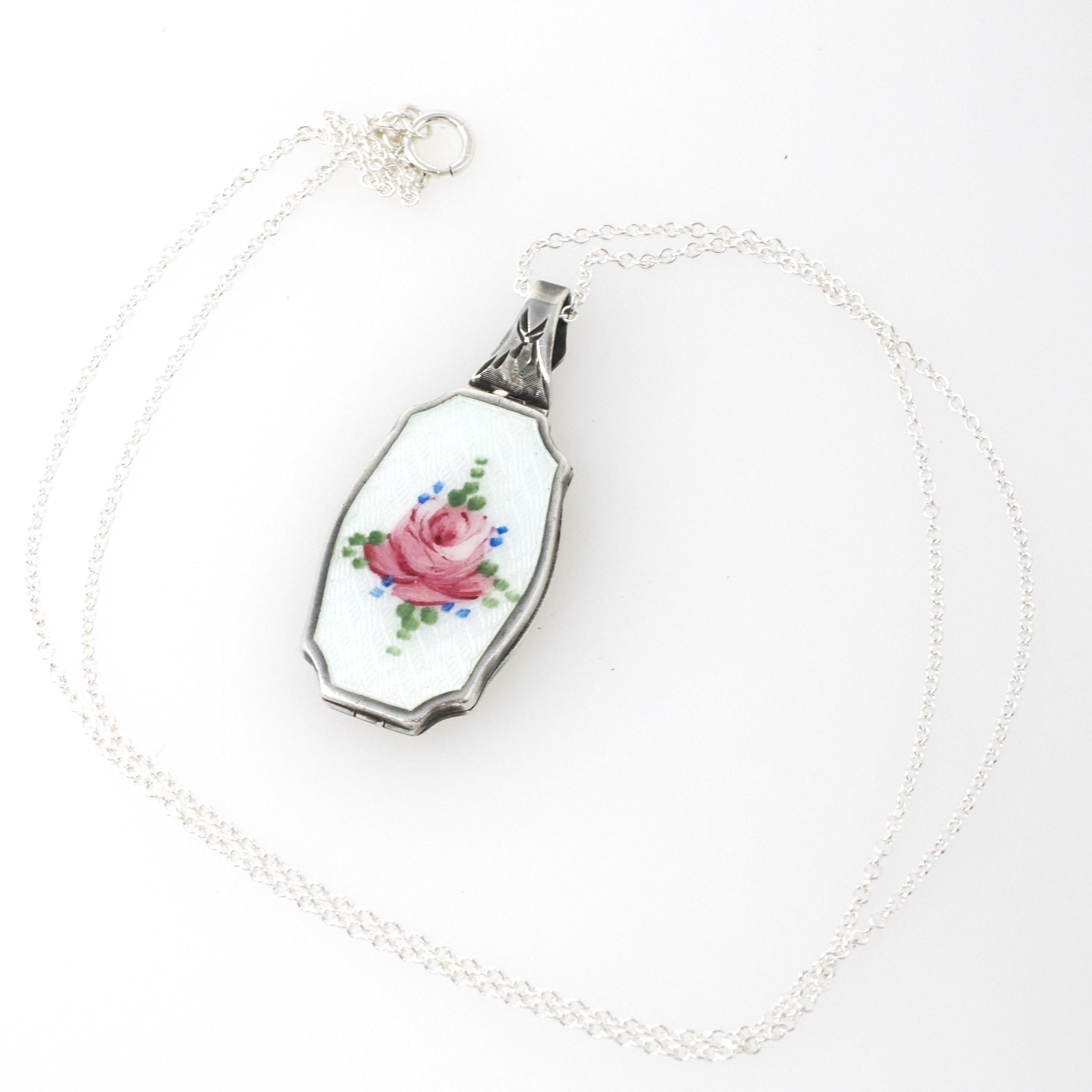 Art Deco Locket - Vintage Sterling Silver White Pink Green Flower Guilloché Enamel Pendant Necklace - Circa 1930s Era Rose Leaves Jewelry