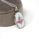 Art Deco Locket - Vintage Sterling Silver White Pink Green Flower Guilloché Enamel Pendant Necklace - Circa 1930s Era Rose Leaves Jewelry