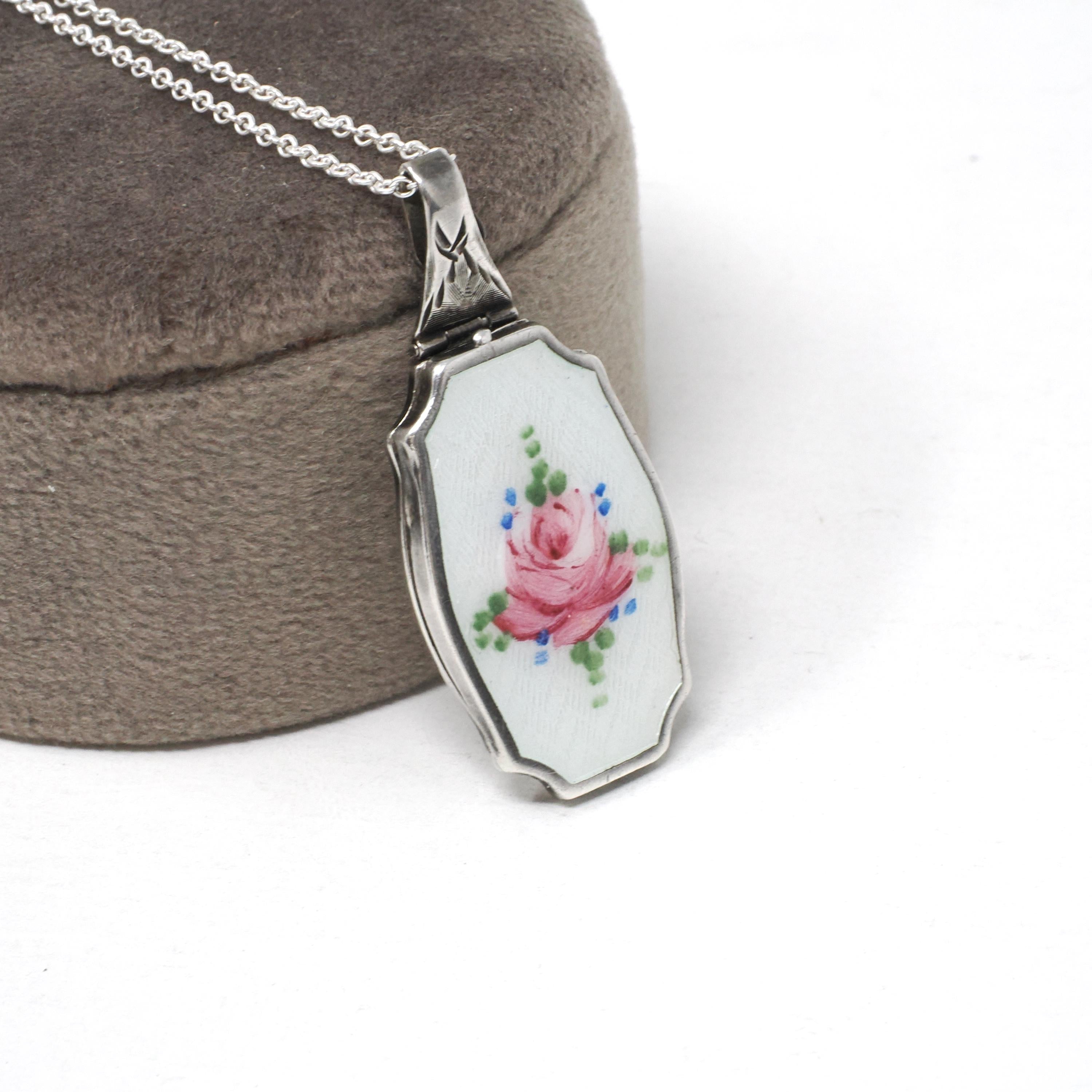 Art Deco Locket - Vintage Sterling Silver White Pink Green Flower Guilloché Enamel Pendant Necklace - Circa 1930s Era Rose Leaves Jewelry