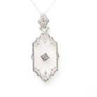 Rock Crystal Quartz Necklace - Art Deco 14k White Gold Natural .04 CT Diamond Pendant - Vintage Circa 1930s Era Statement Filigree Jewelry