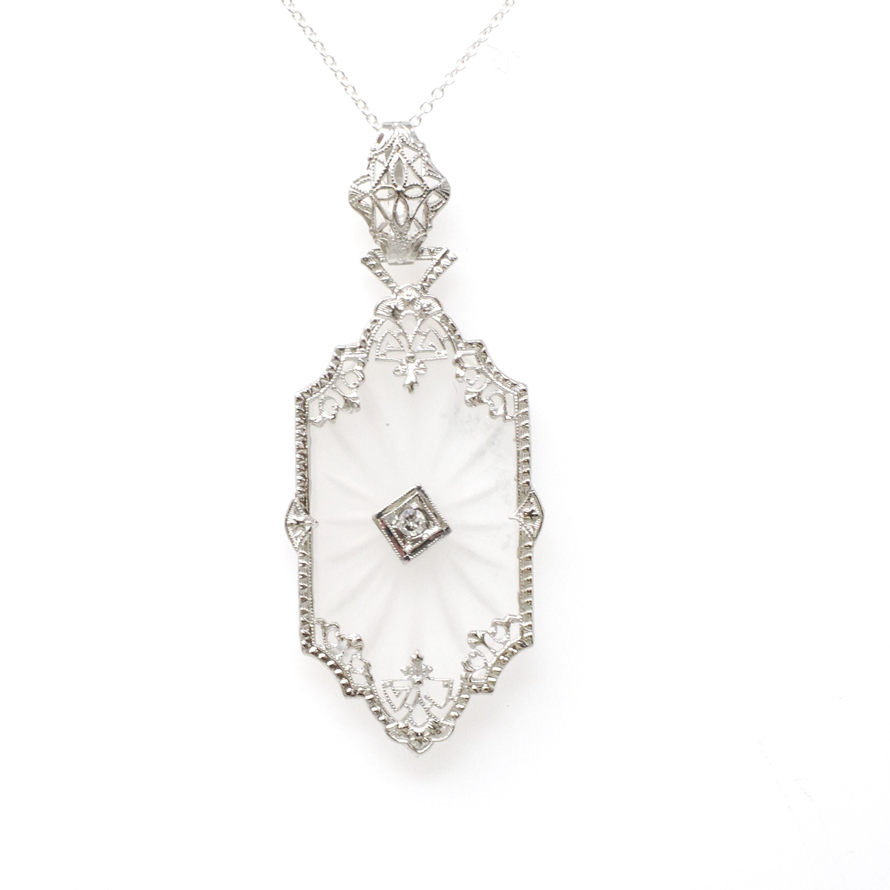 Rock Crystal Quartz Necklace - Art Deco 14k White Gold Natural .04 CT Diamond Pendant - Vintage Circa 1930s Era Statement Filigree Jewelry