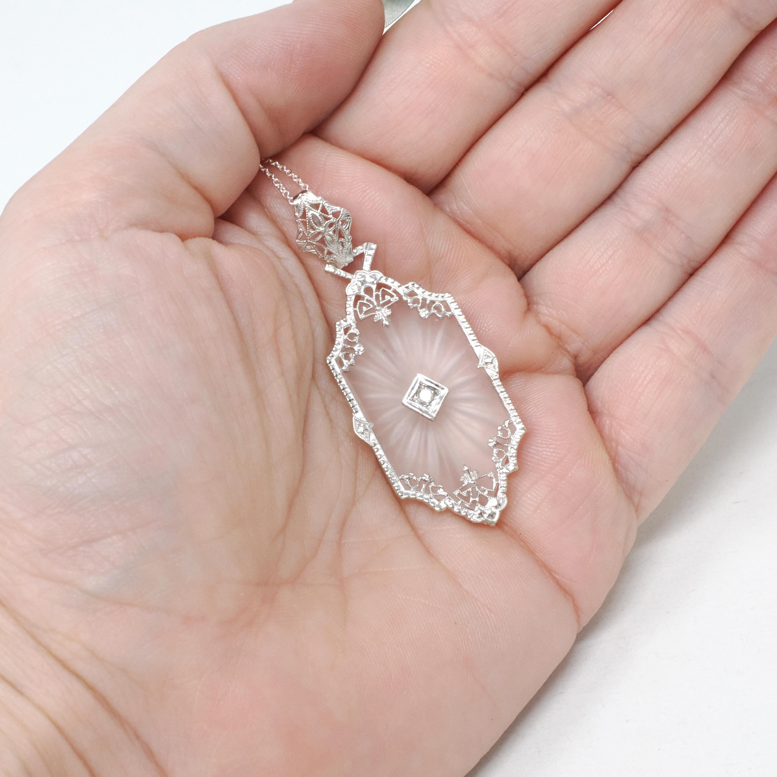 Rock Crystal Quartz Necklace - Art Deco 14k White Gold Natural .04 CT Diamond Pendant - Vintage Circa 1930s Era Statement Filigree Jewelry