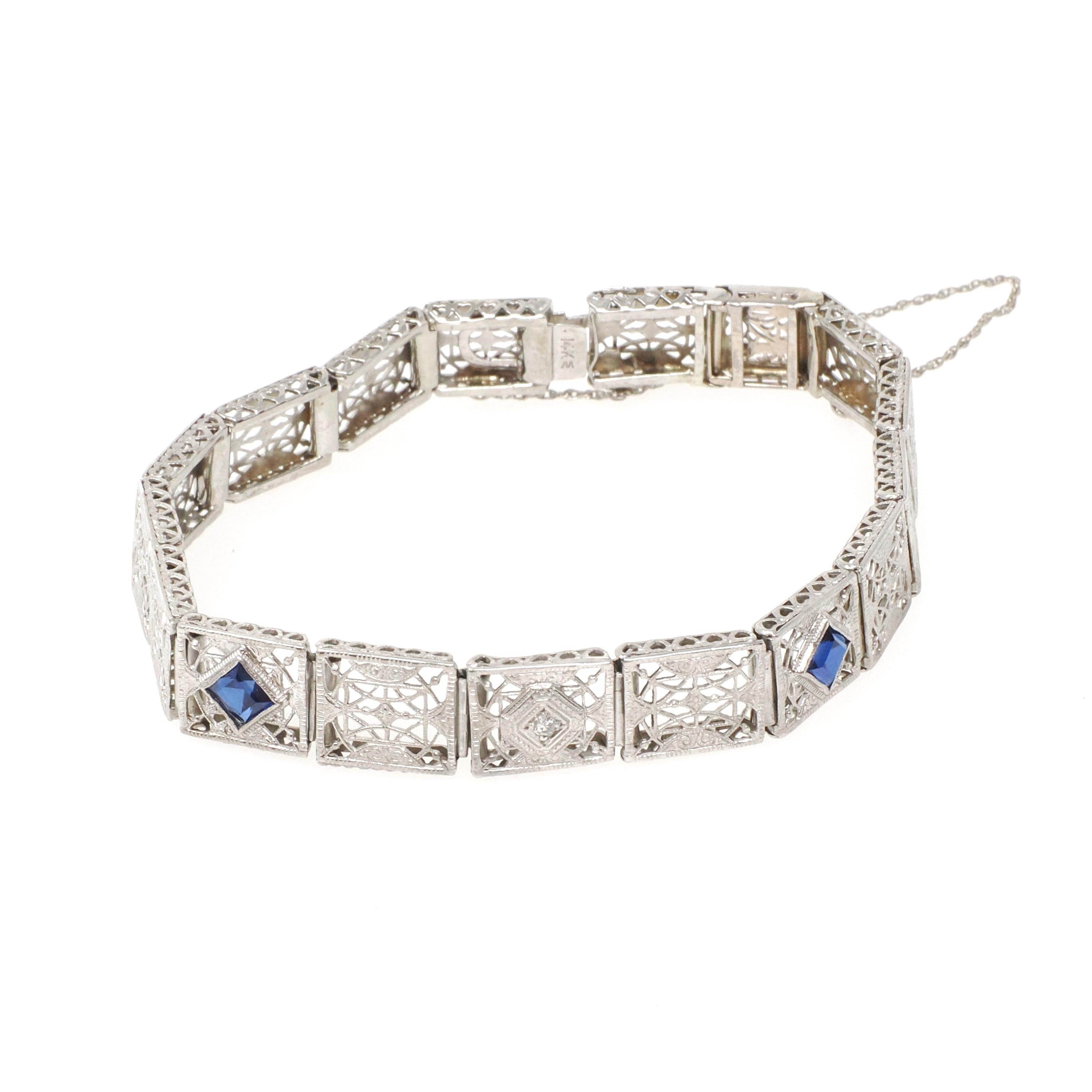 Art Deco Bracelet - Vintage 14k White Gold Created Blue Sapphire & Natural Diamonds - Circa 1930s 7 1/4 Inch Wide Filigree Link Fine Jewelry