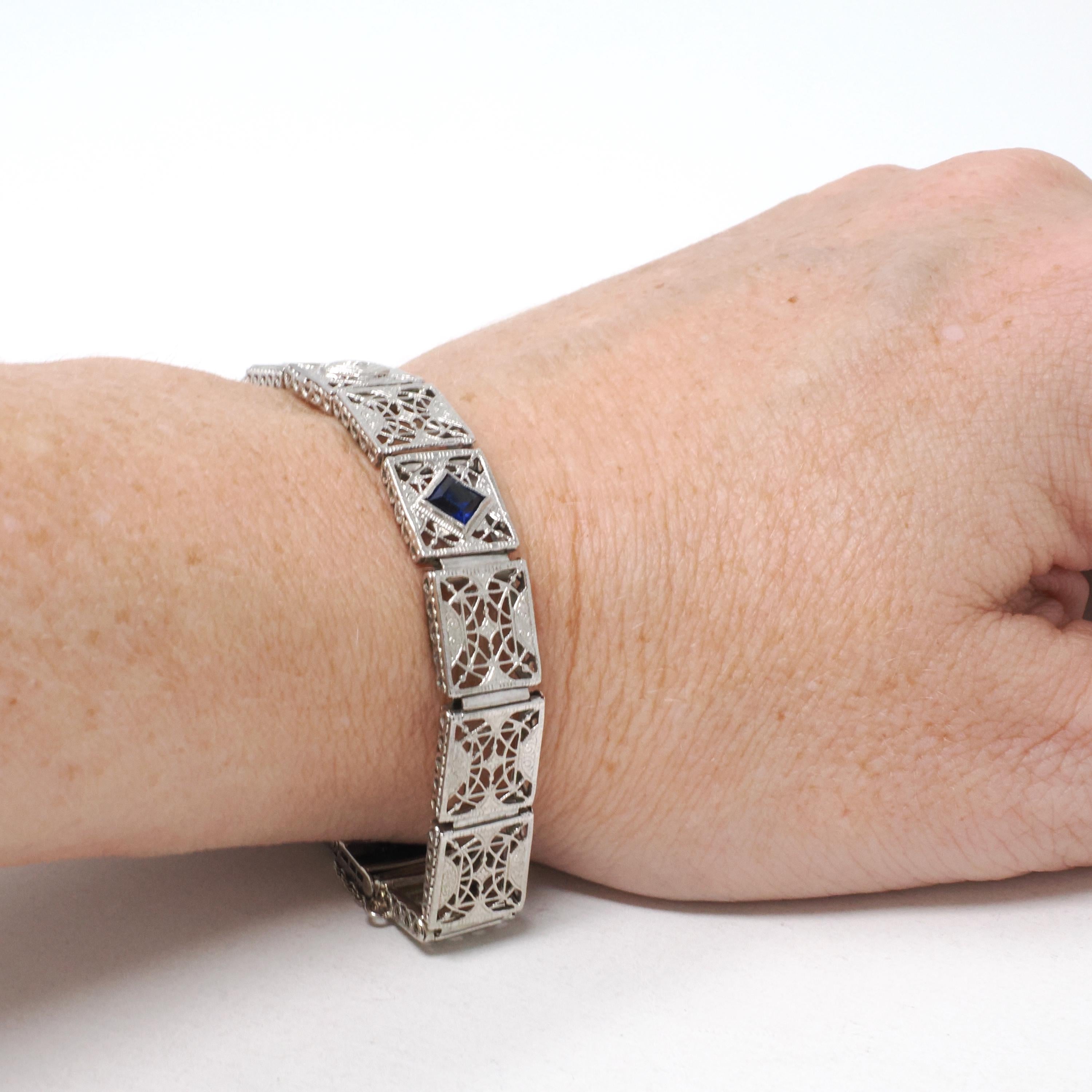 Art Deco Bracelet - Vintage 14k White Gold Created Blue Sapphire & Natural Diamonds - Circa 1930s 7 1/4 Inch Wide Filigree Link Fine Jewelry