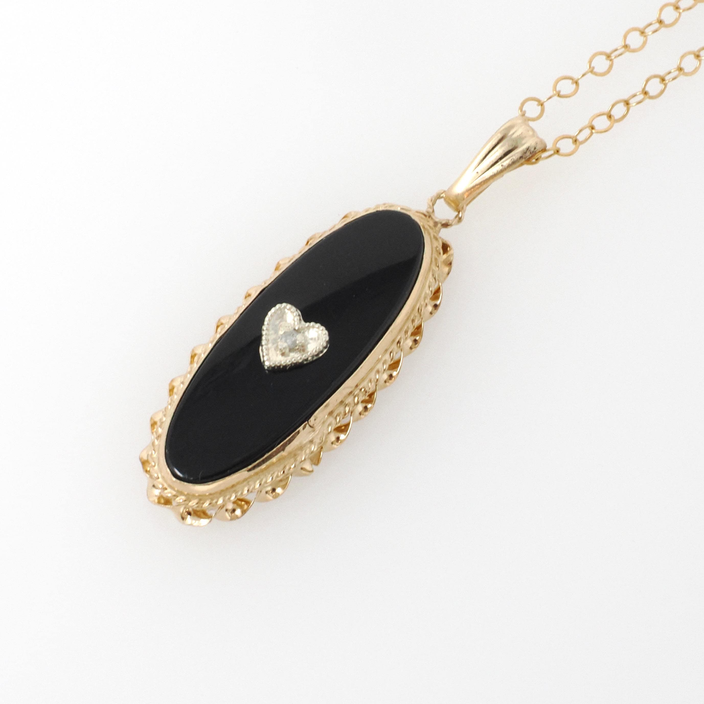Onyx & Diamond Pendant - Mid Century 14k Yellow Gold Black Chalcedony Gemstone Necklace - Vintage Circa 1960s Charm Fine Statement Jewelry