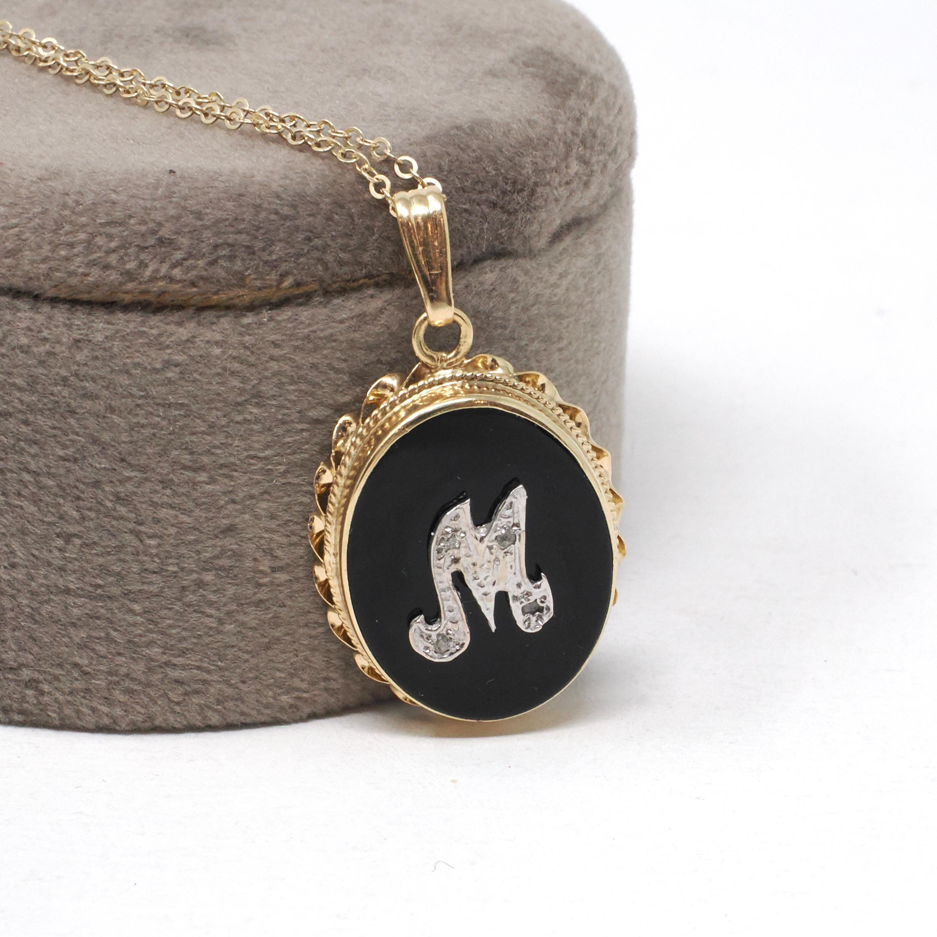 Letter "M" Pendant - Mid Century 14K Yellow Gold Natural Onyx & Diamond Charm - Vintage Circa 1960s Initial Necklace Fine Statement Jewelry