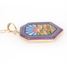 Gemstone Enhancer Pendant - Modern 14k Yellow Gold Natural Inlayed Intarsia Sunrise Design - Circa 2000s Era Mystical Scene Fine Jewelry