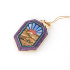 Gemstone Enhancer Pendant - Modern 14k Yellow Gold Natural Inlayed Intarsia Sunrise Design - Circa 2000s Era Mystical Scene Fine Jewelry