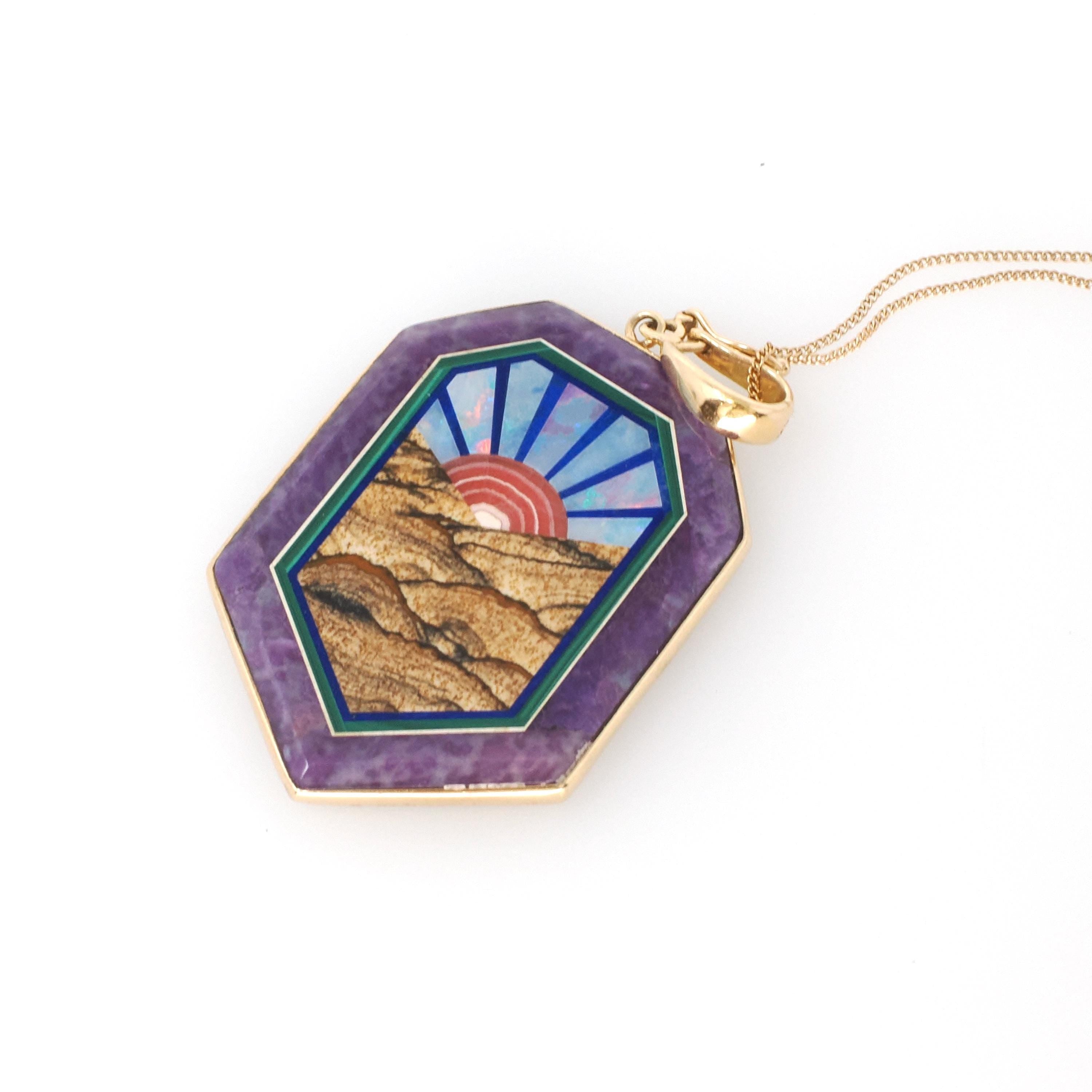 Gemstone Enhancer Pendant - Modern 14k Yellow Gold Natural Inlayed Intarsia Sunrise Design - Circa 2000s Era Mystical Scene Fine Jewelry