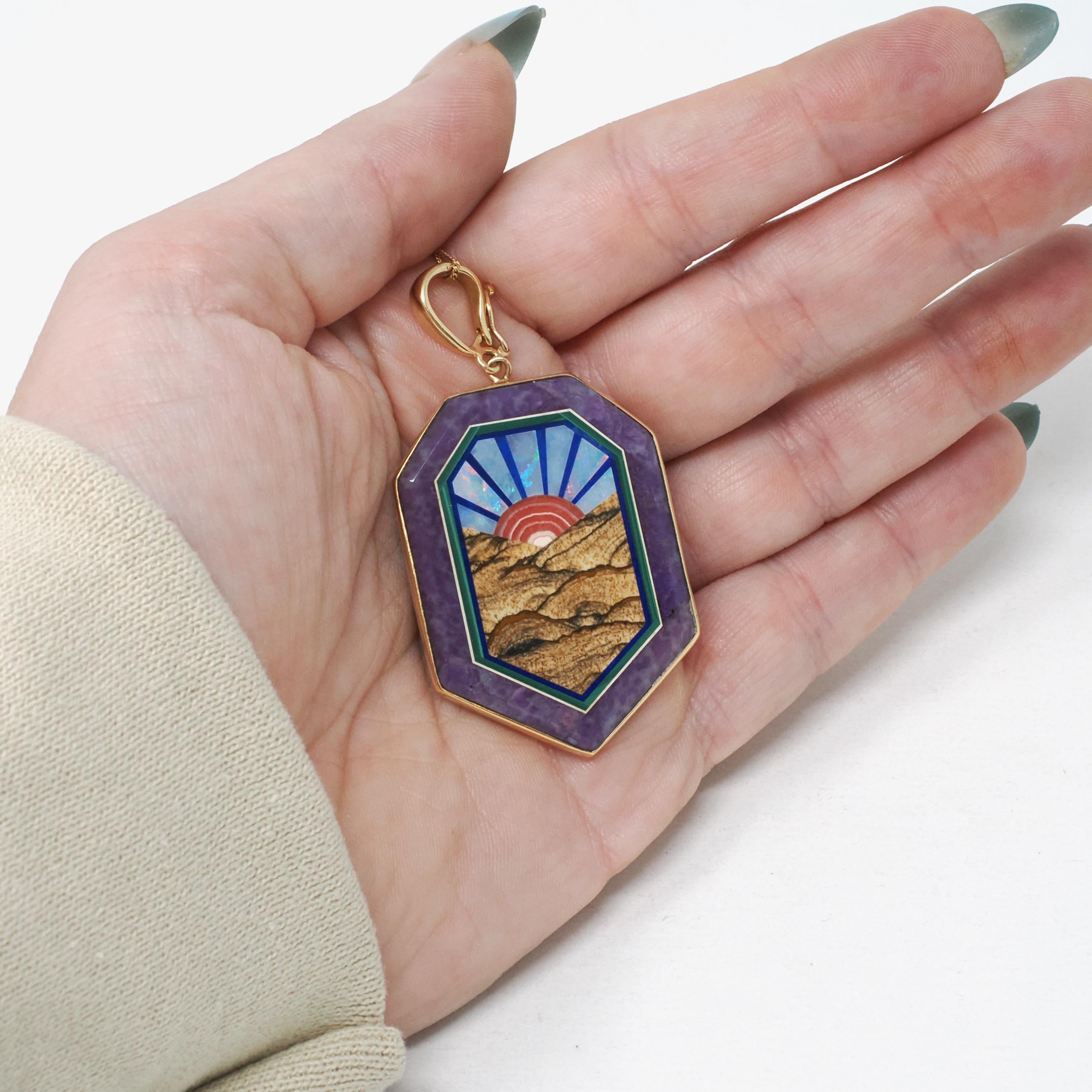 Gemstone Enhancer Pendant - Modern 14k Yellow Gold Natural Inlayed Intarsia Sunrise Design - Circa 2000s Era Mystical Scene Fine Jewelry