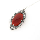 Silver Art Deco Pendant - Vintage Sterling Natural Carnelian & Marcasite Gemstone Shield Necklace - Circa 1930s Era Flapper Fashion Jewelry