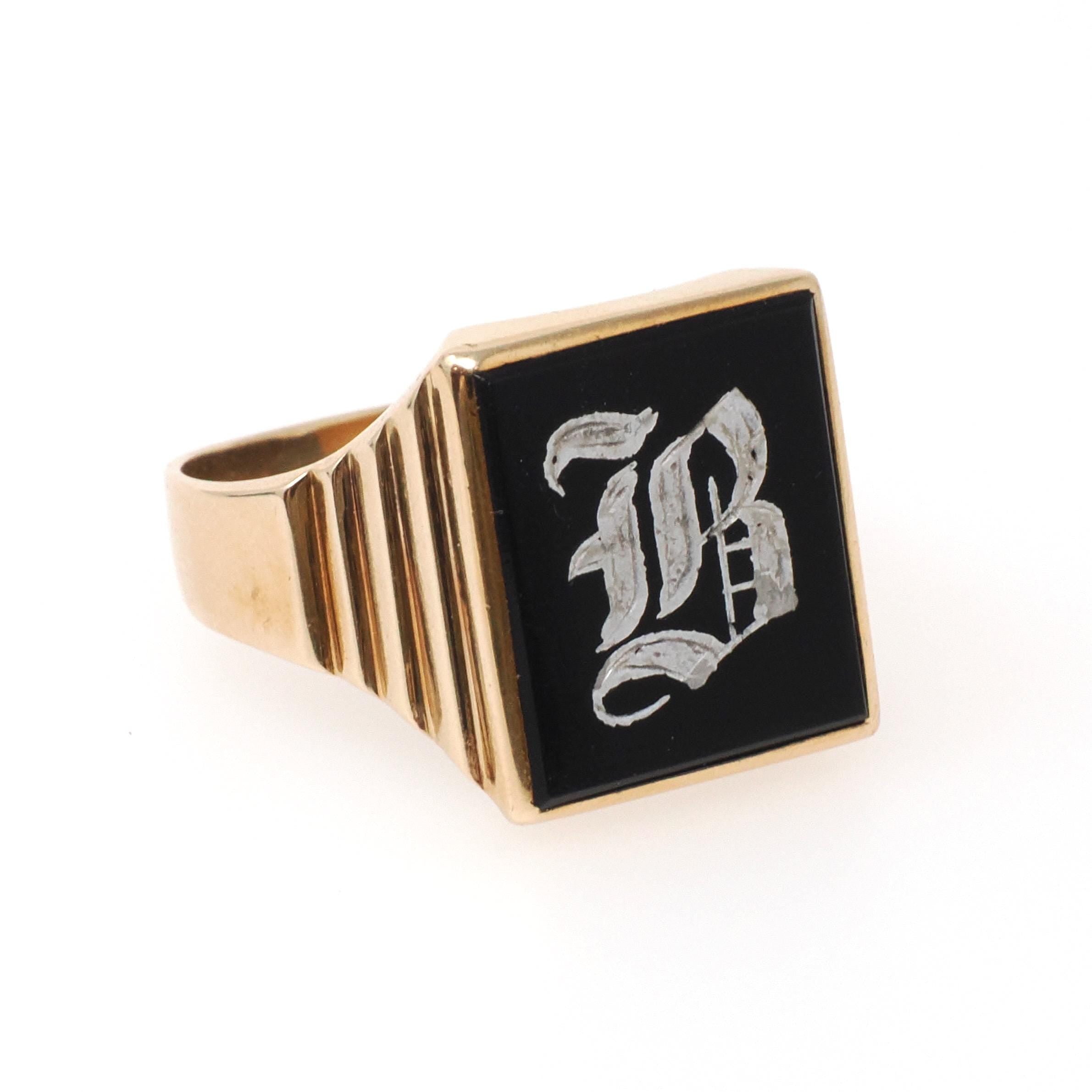 Letter "B" Ring - Mid Century 10k Yellow Gold Black Onyx Old English Initial - Vintage Circa 1950s Era Size 10 1/4 Statement Fine Jewelry