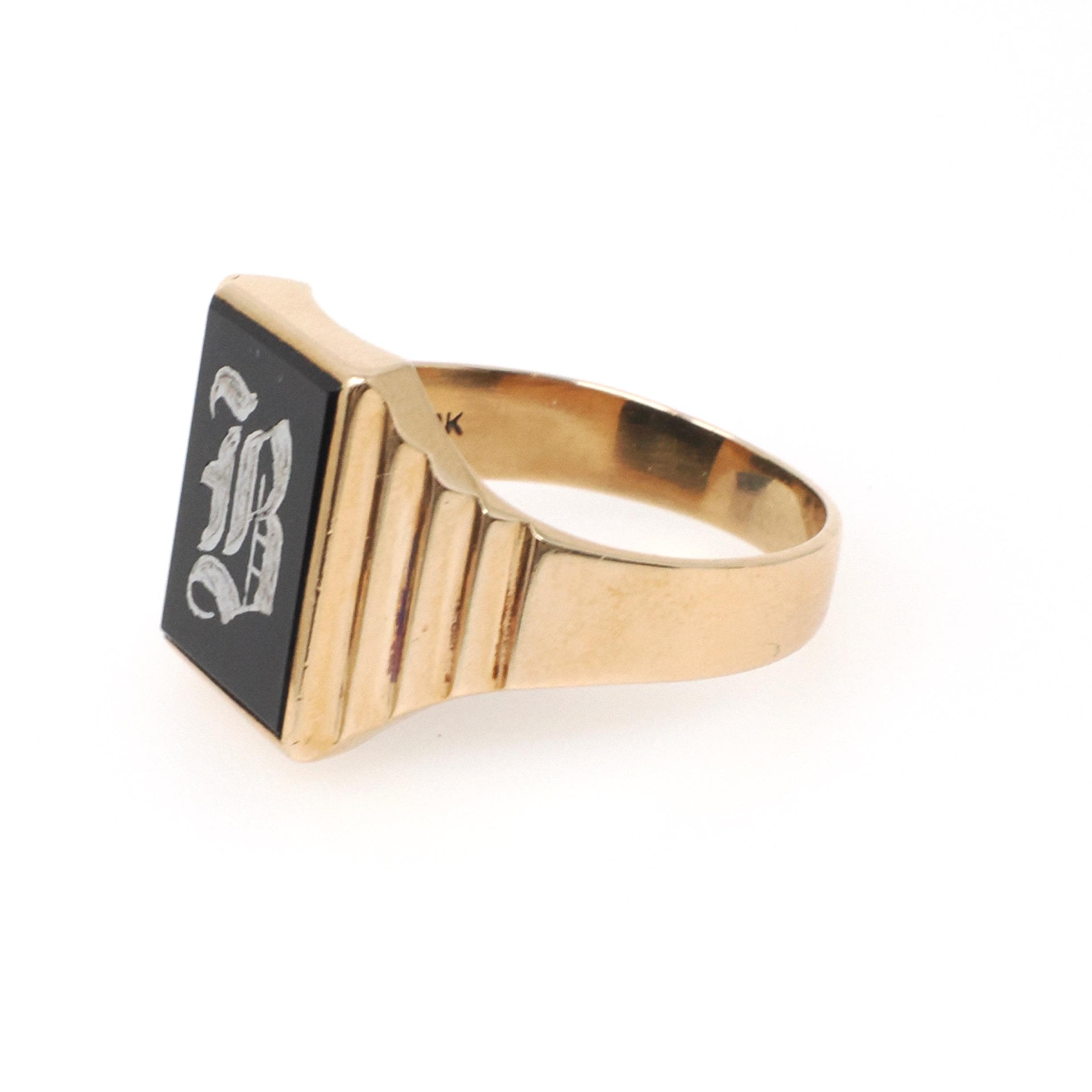 Letter "B" Ring - Mid Century 10k Yellow Gold Black Onyx Old English Initial - Vintage Circa 1950s Era Size 10 1/4 Statement Fine Jewelry