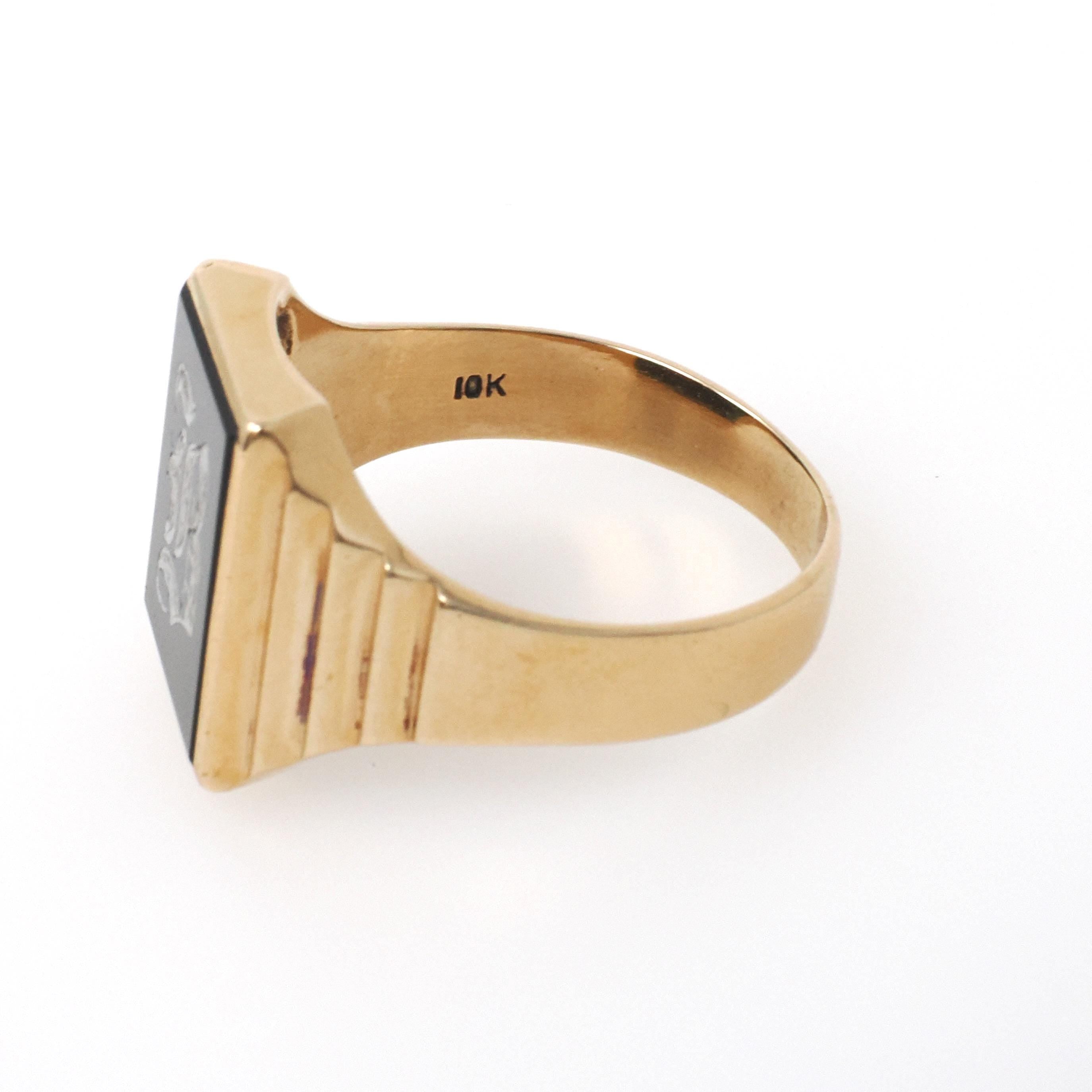 Letter "B" Ring - Mid Century 10k Yellow Gold Black Onyx Old English Initial - Vintage Circa 1950s Era Size 10 1/4 Statement Fine Jewelry