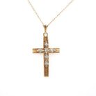 Vintage Cross Necklace - Retro 14k Yellow & White Gold Natural .03 CTW Diamond Pendant - Circa 1940s Religious Faith Fine Symbolic Jewelry
