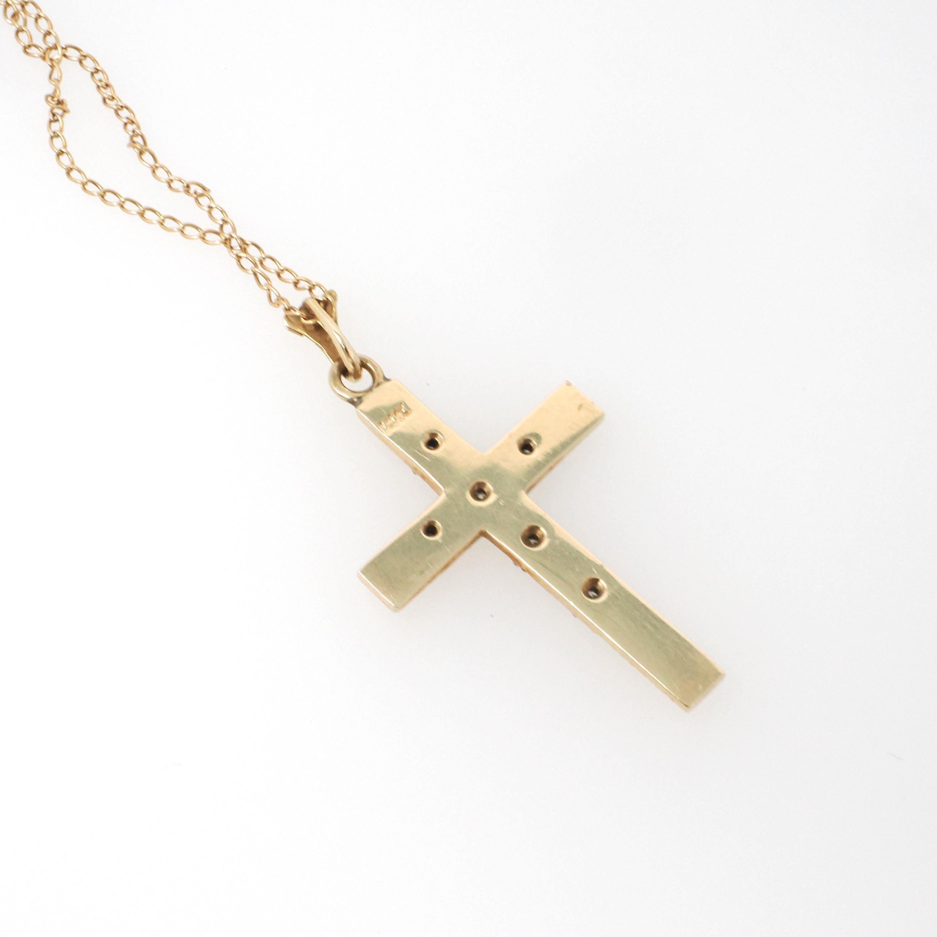 Vintage Cross Necklace - Retro 14k Yellow & White Gold Natural .03 CTW Diamond Pendant - Circa 1940s Religious Faith Fine Symbolic Jewelry
