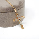 Vintage Cross Necklace - Retro 14k Yellow & White Gold Natural .03 CTW Diamond Pendant - Circa 1940s Religious Faith Fine Symbolic Jewelry