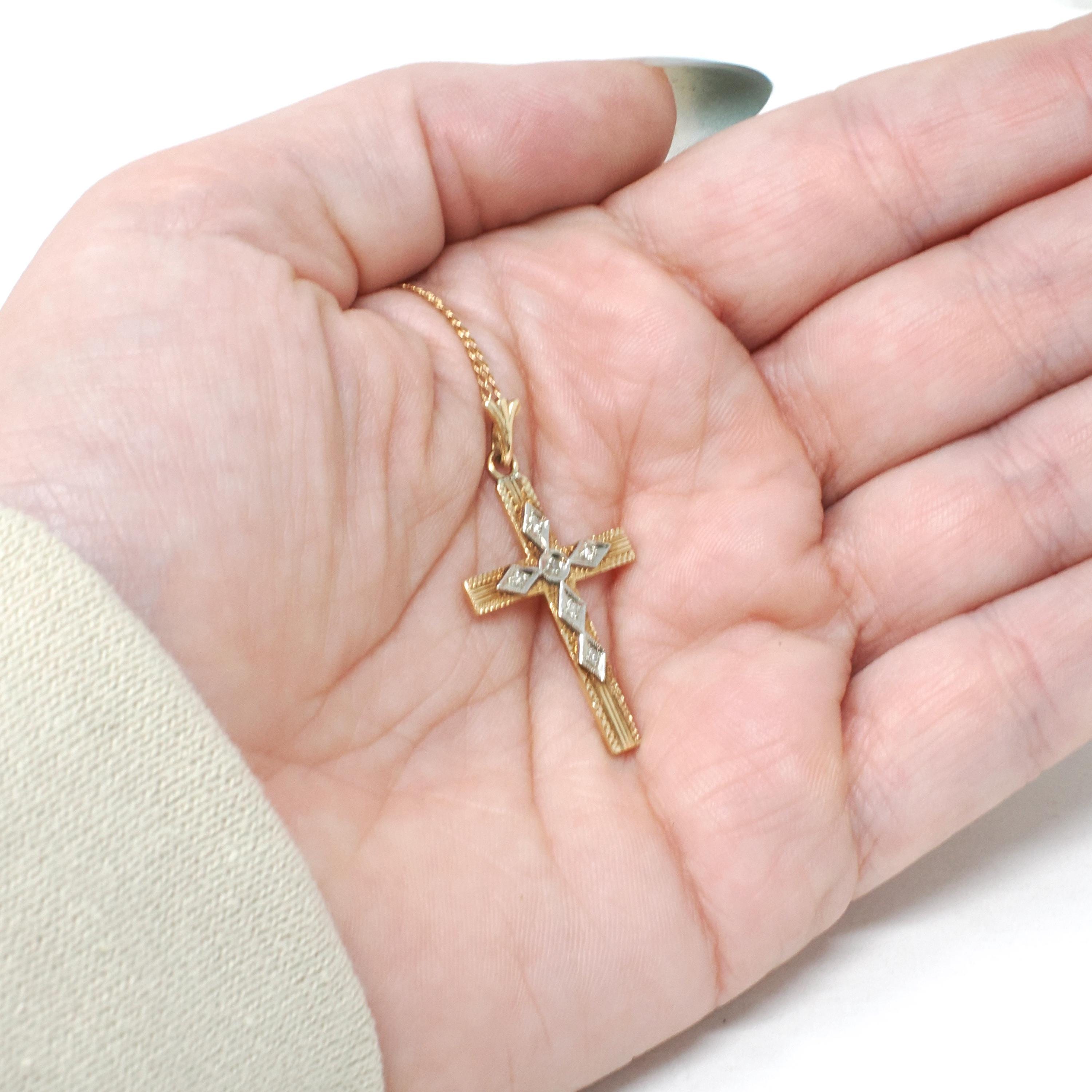 Vintage Cross Necklace - Retro 14k Yellow & White Gold Natural .03 CTW Diamond Pendant - Circa 1940s Religious Faith Fine Symbolic Jewelry